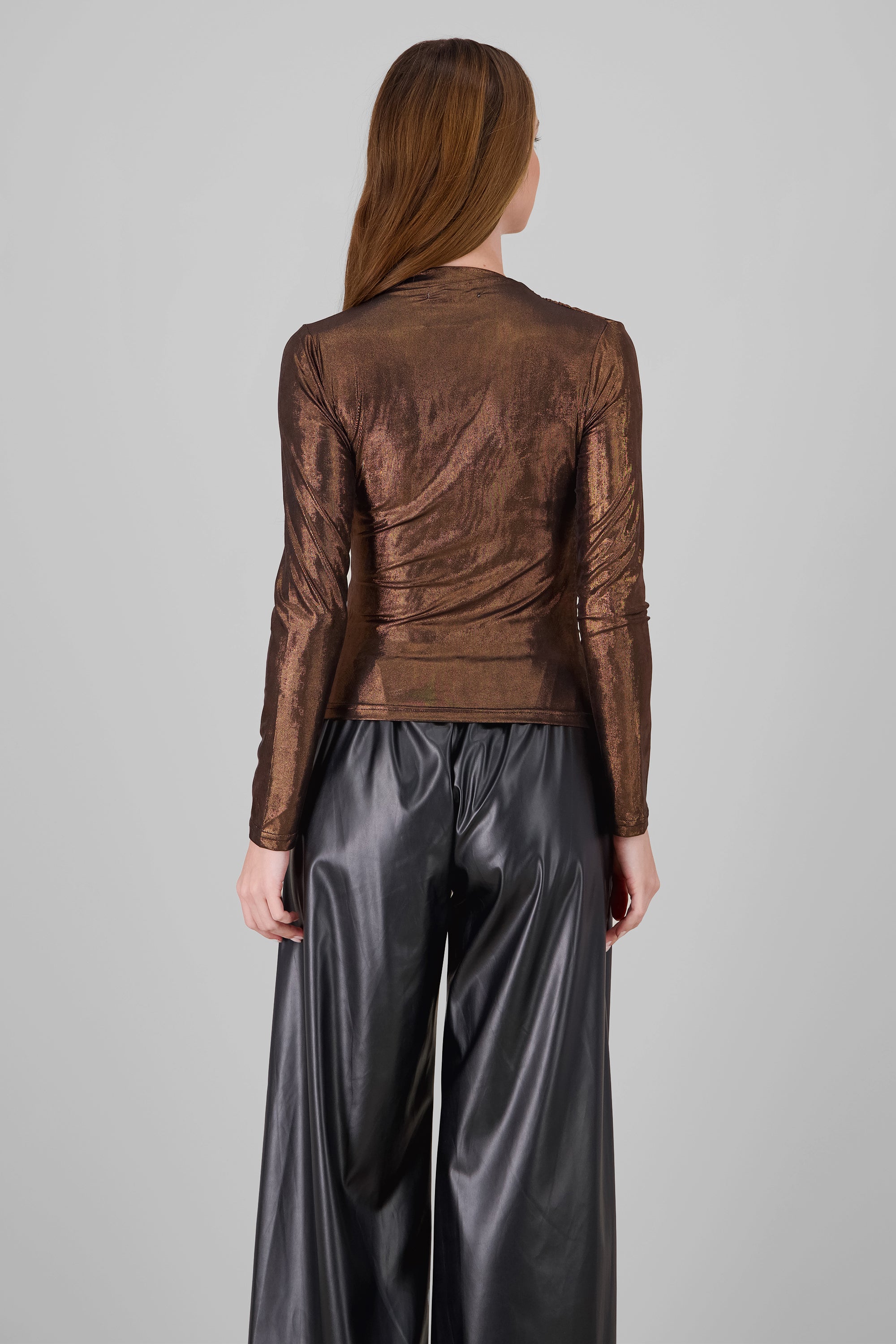 Metallic Long Sleeve Blouse BROWN