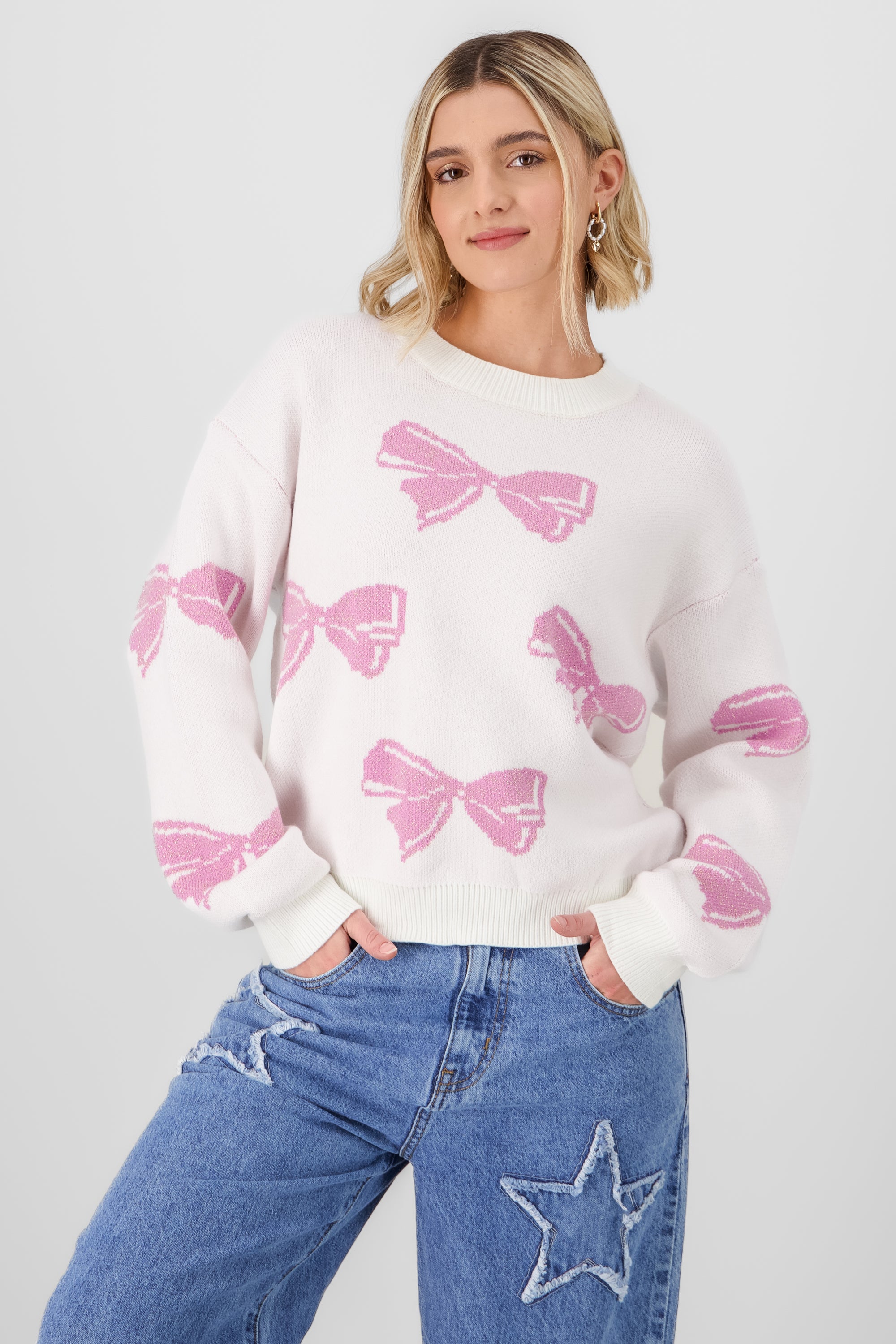 Knit sweater with bow details WHITE