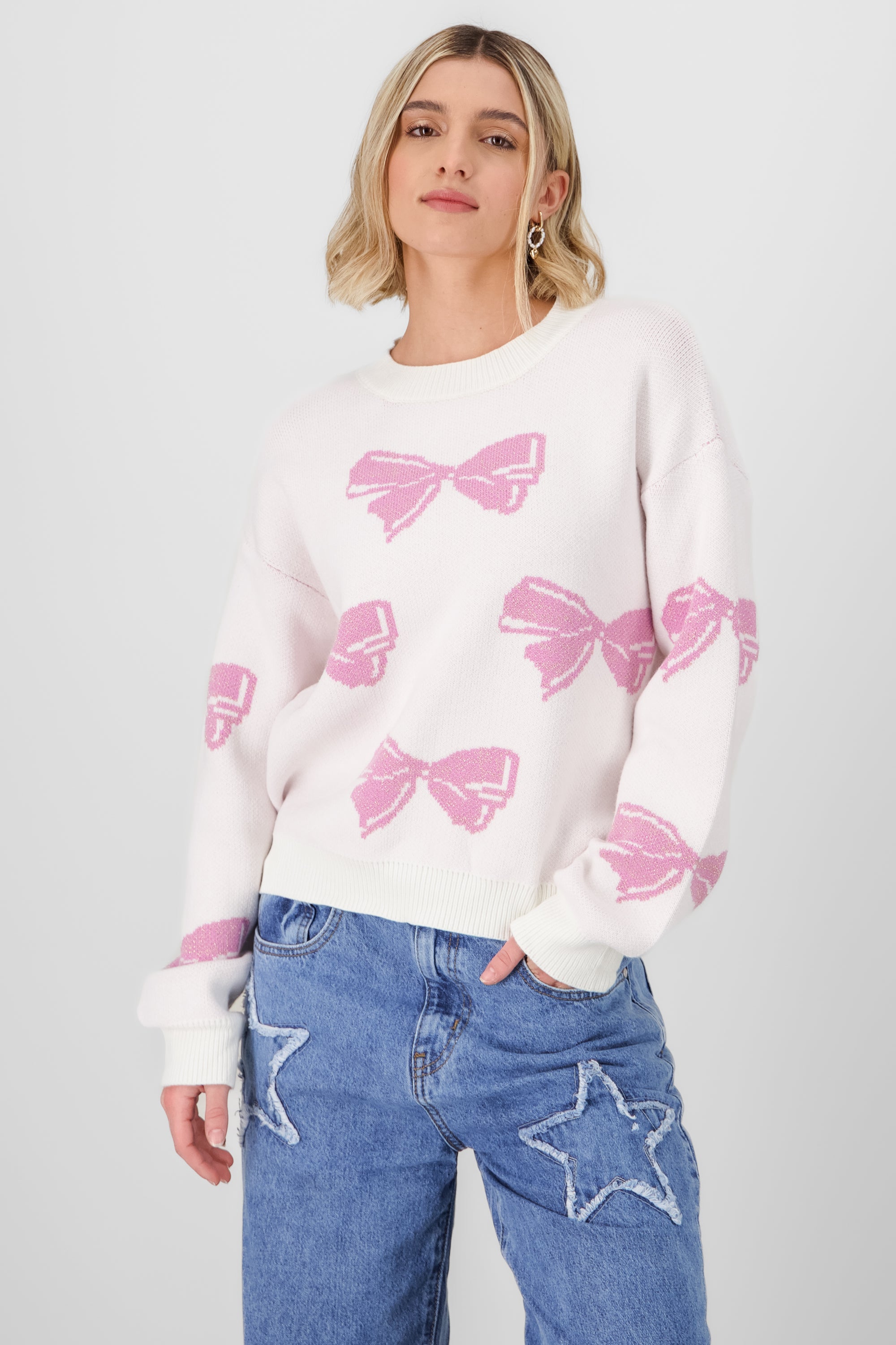 Knit sweater with bow details WHITE