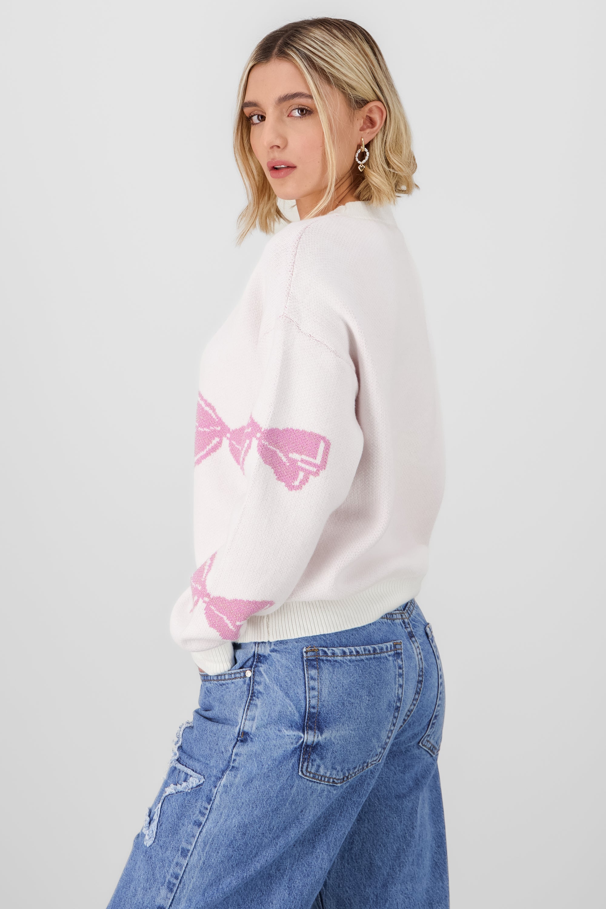 Knit sweater with bow details WHITE