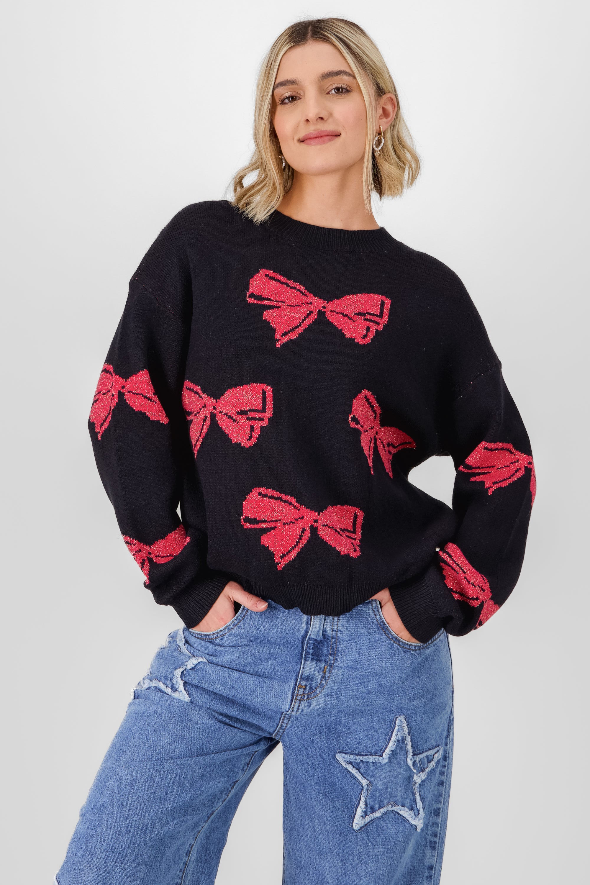 Knit sweater with bow details BLACK