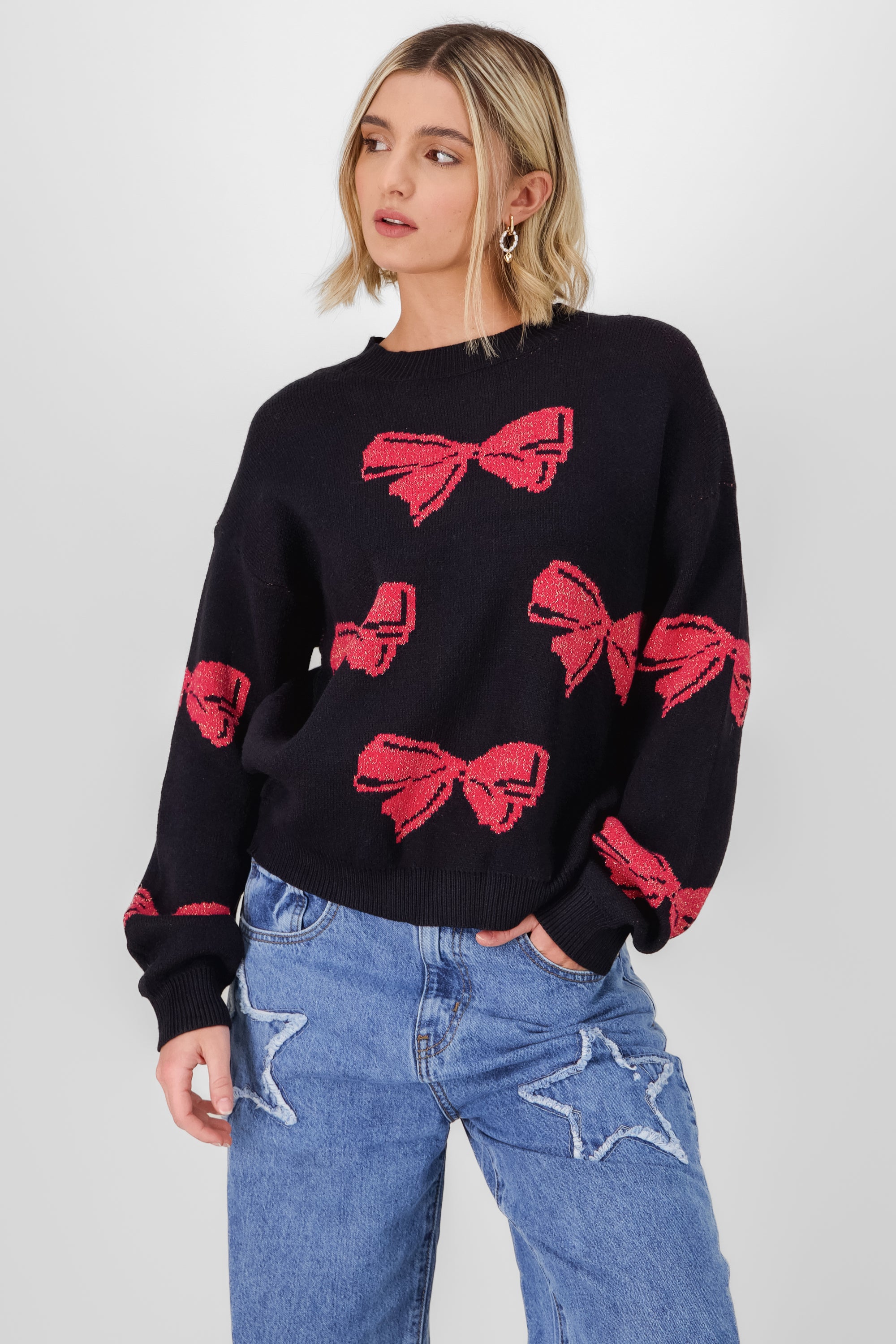 Knit sweater with bow details BLACK