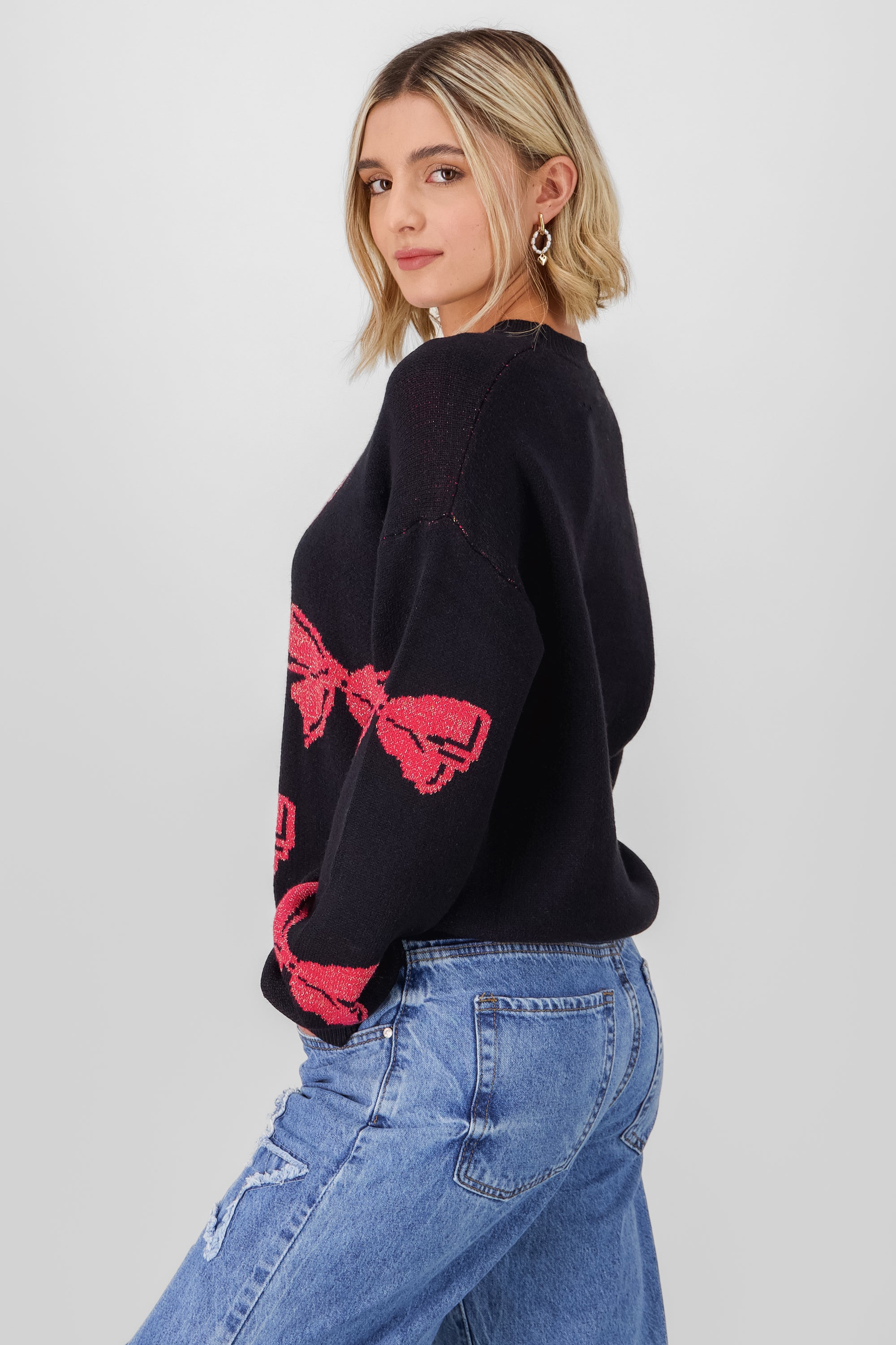 Knit sweater with bow details BLACK