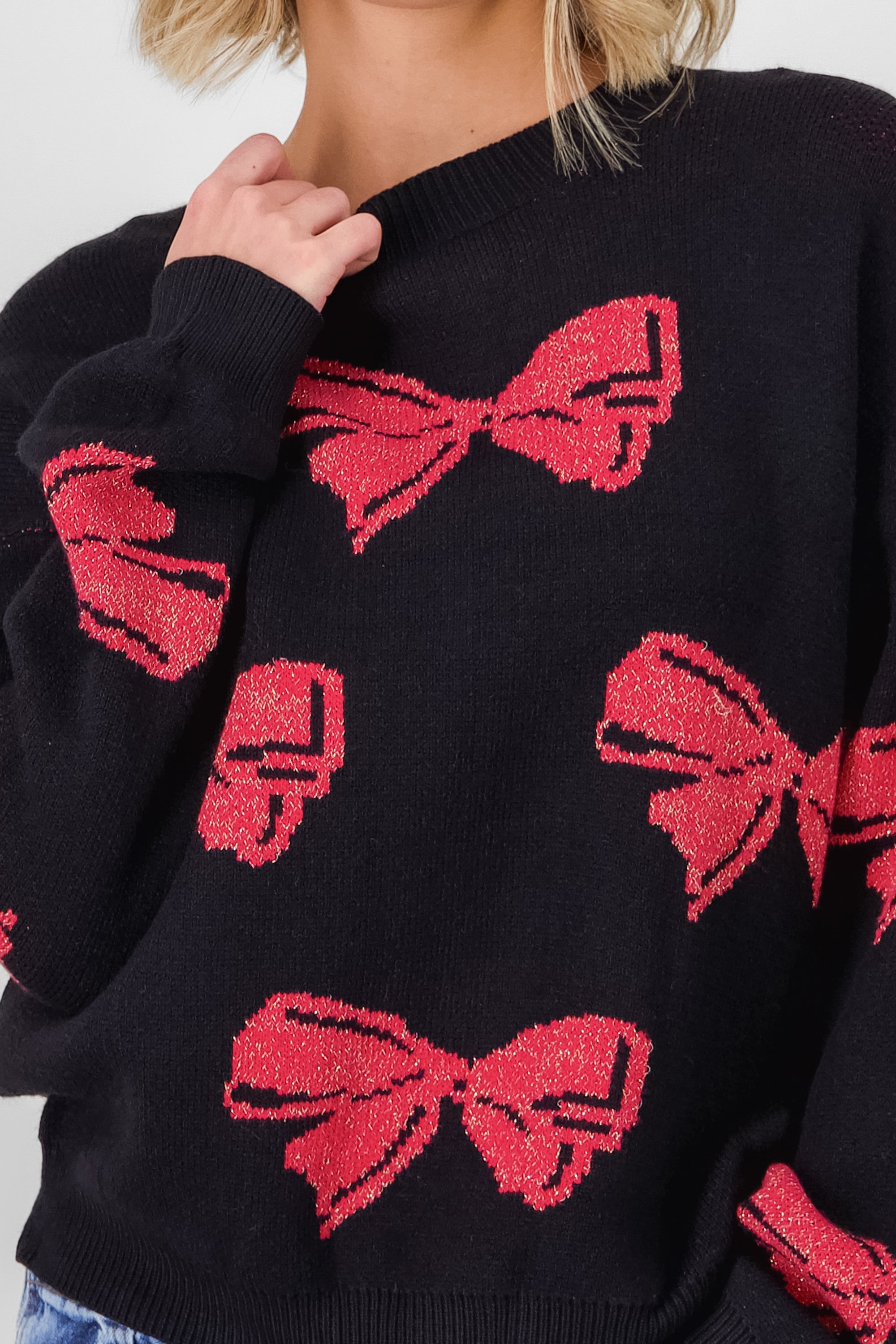 Knit sweater with bow details BLACK