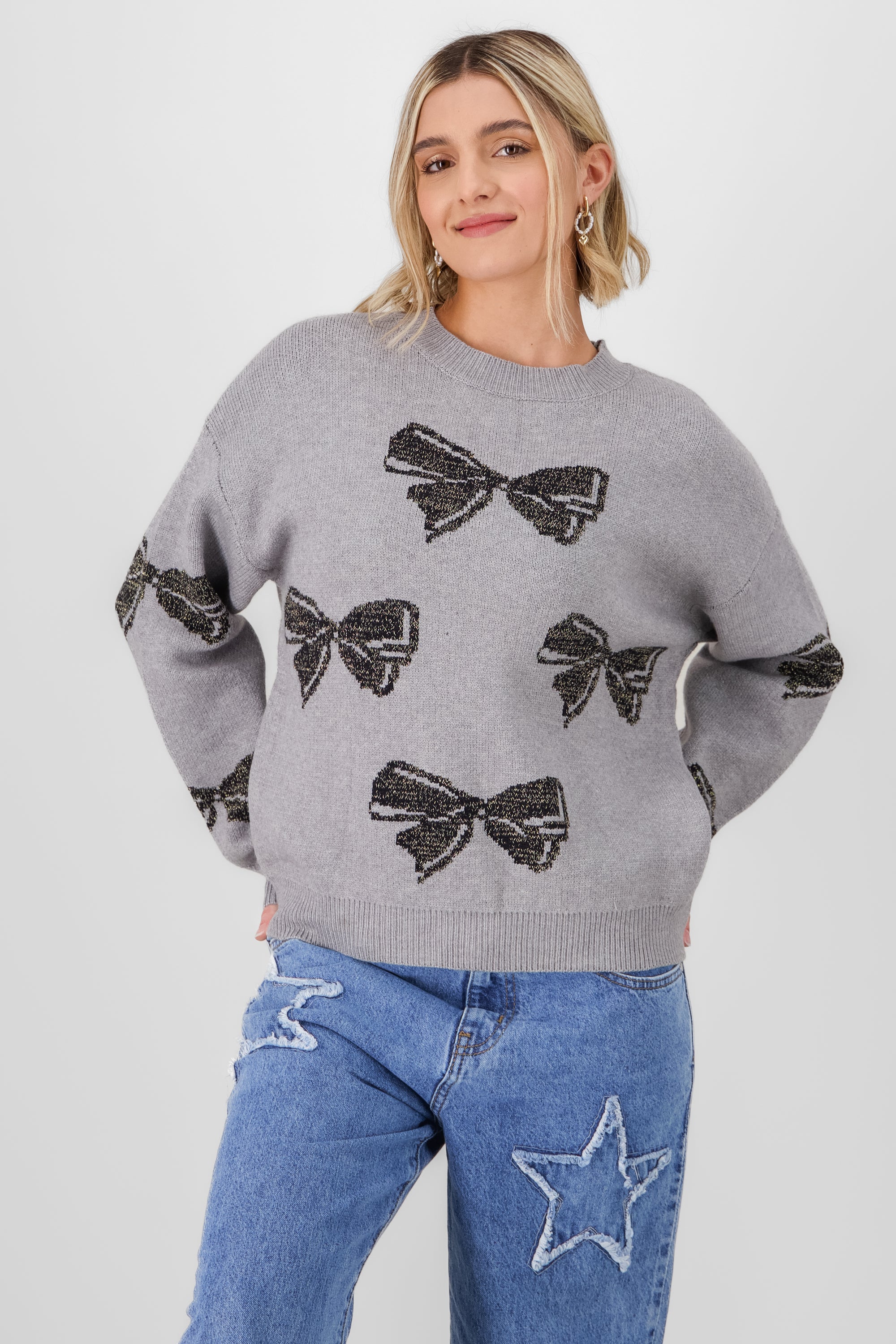 Knit sweater with bow details GRAY