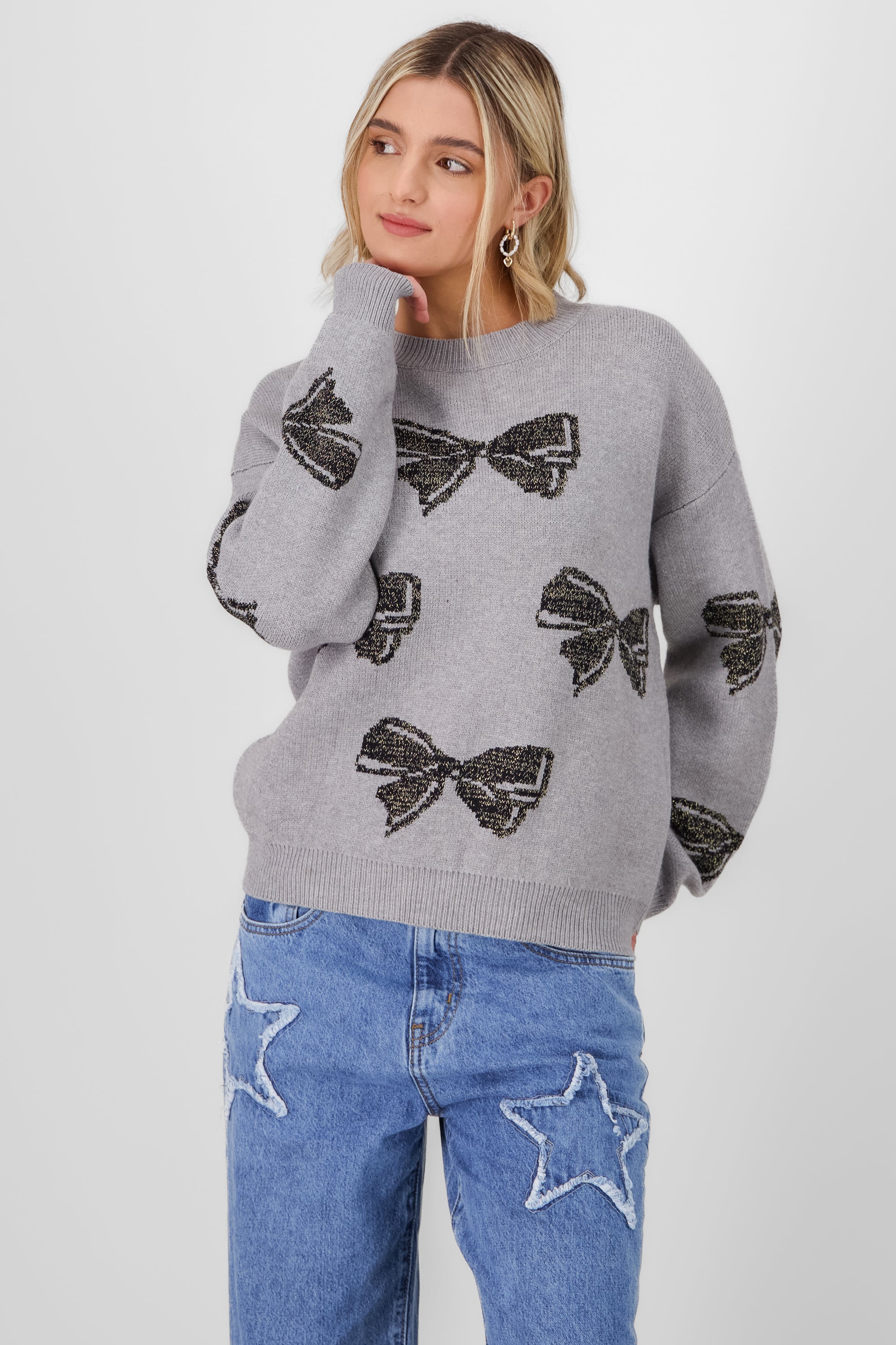 Knit sweater with bow details GRAY