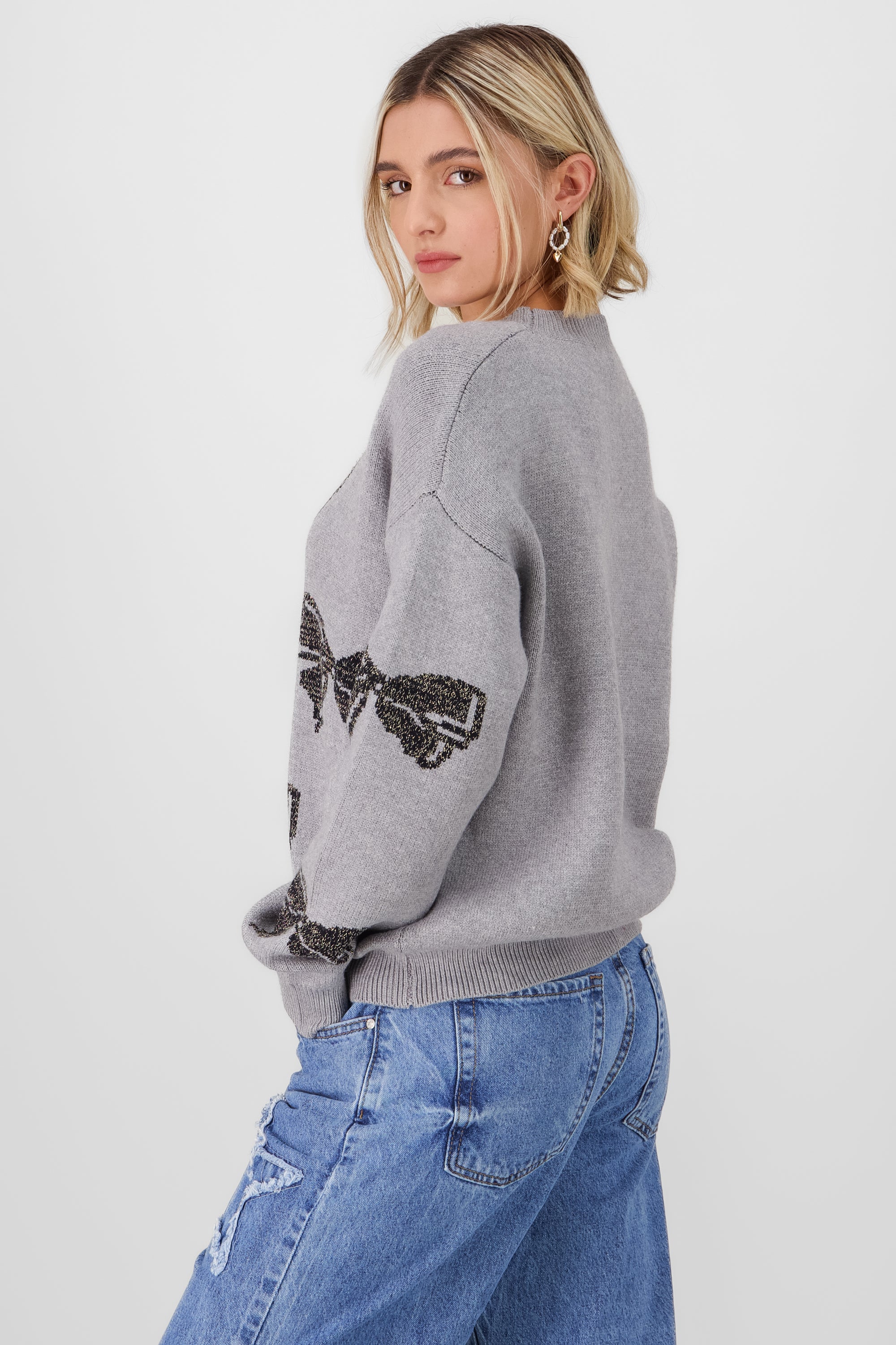 Knit sweater with bow details GRAY