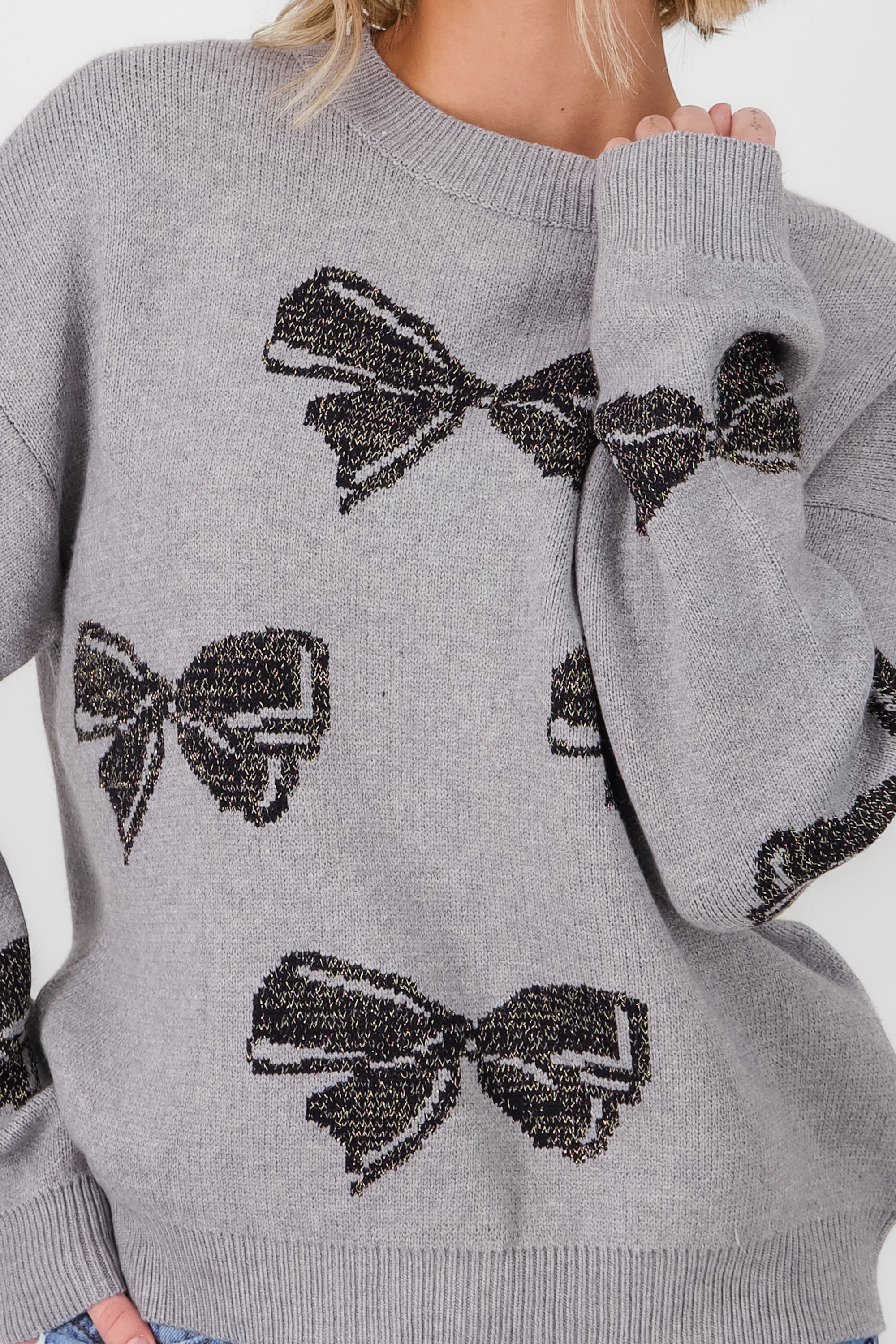 Knit sweater with bow details GRAY