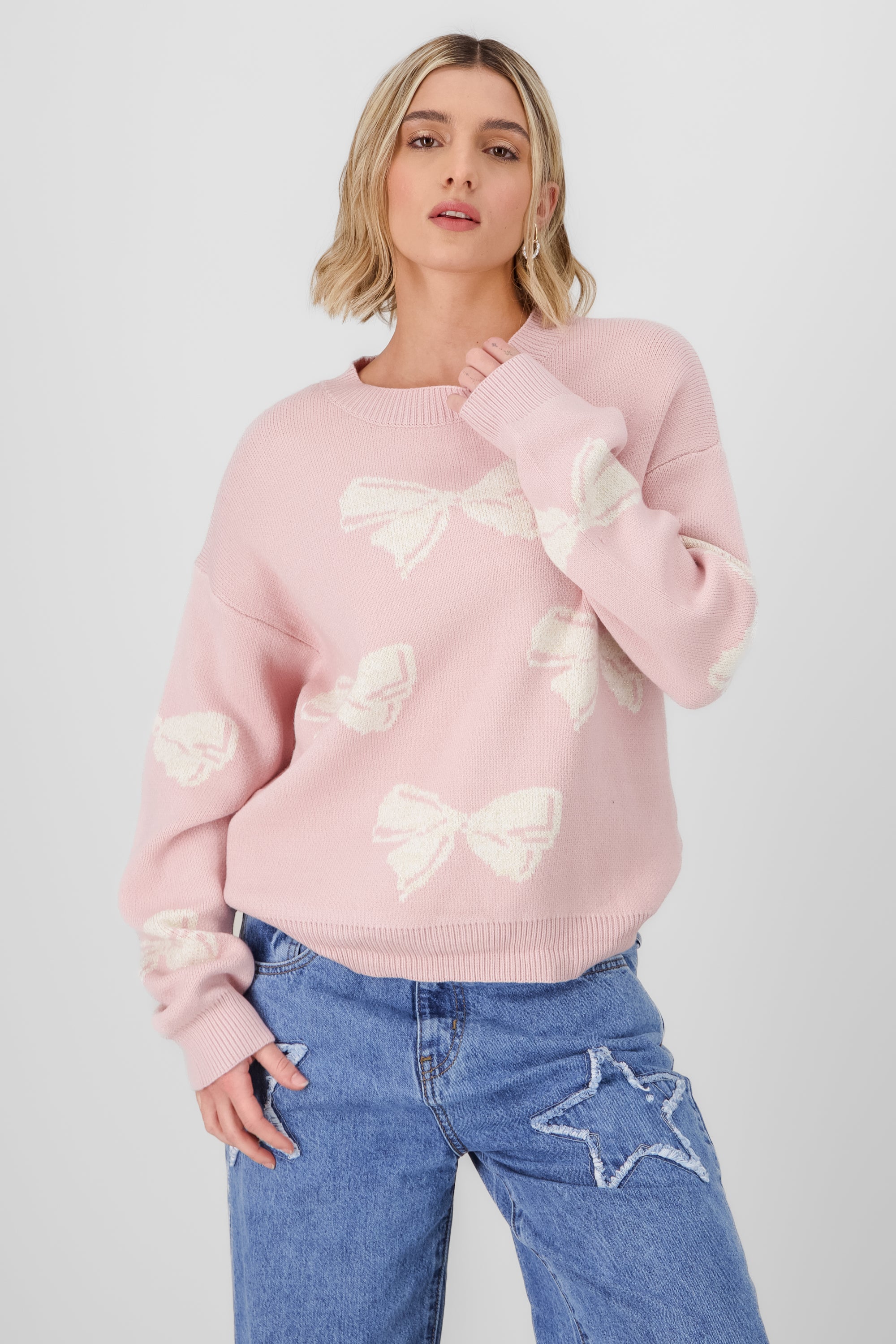 Knit sweater with bow details PINK