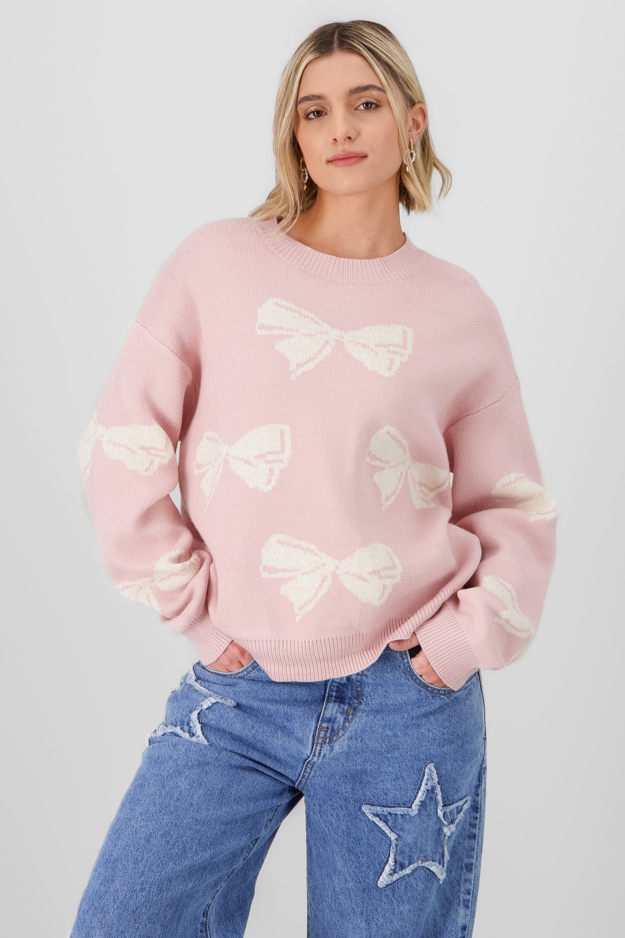 Knit sweater with bow details PINK