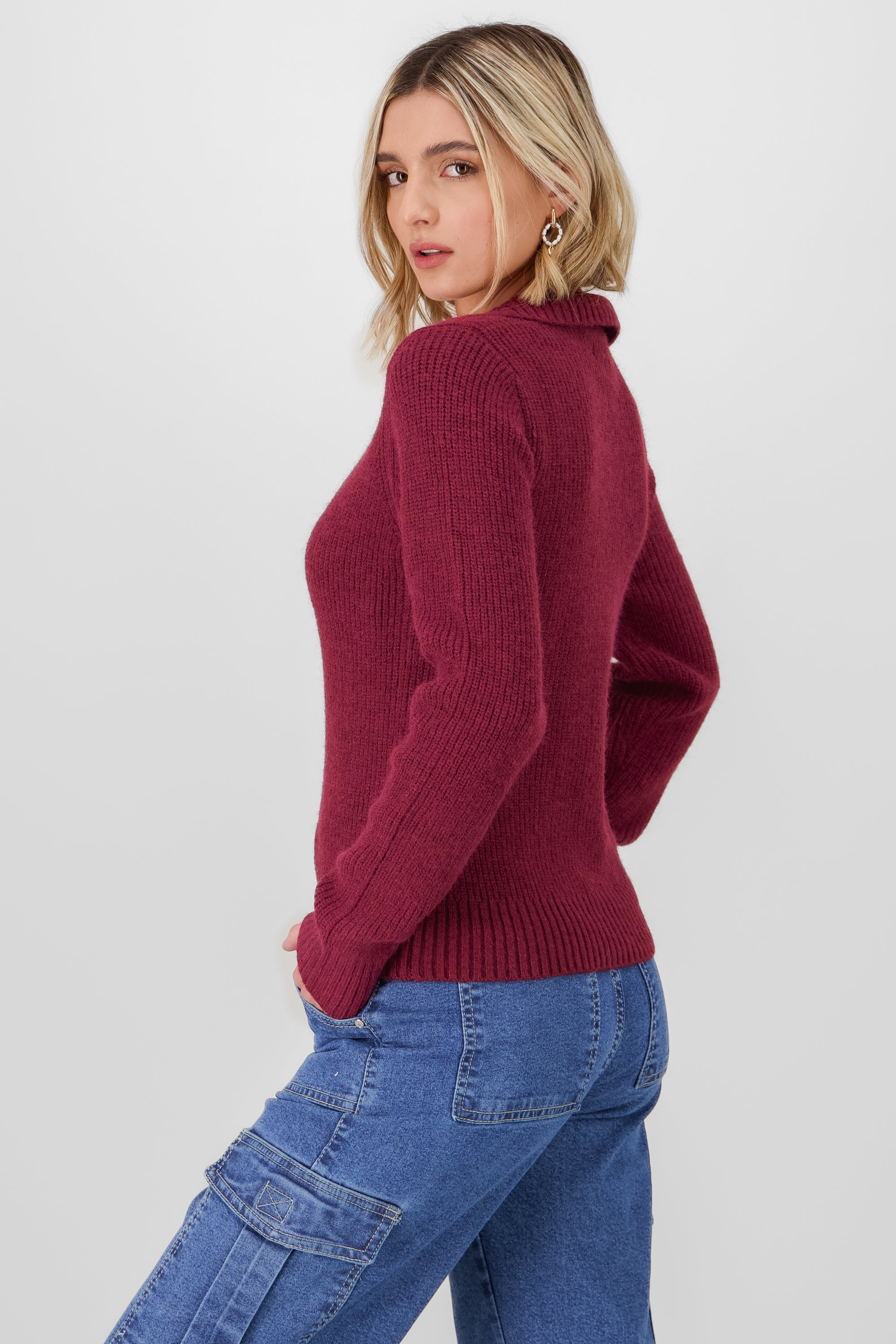 Knit Polo Collar Sweater BURGUNDY