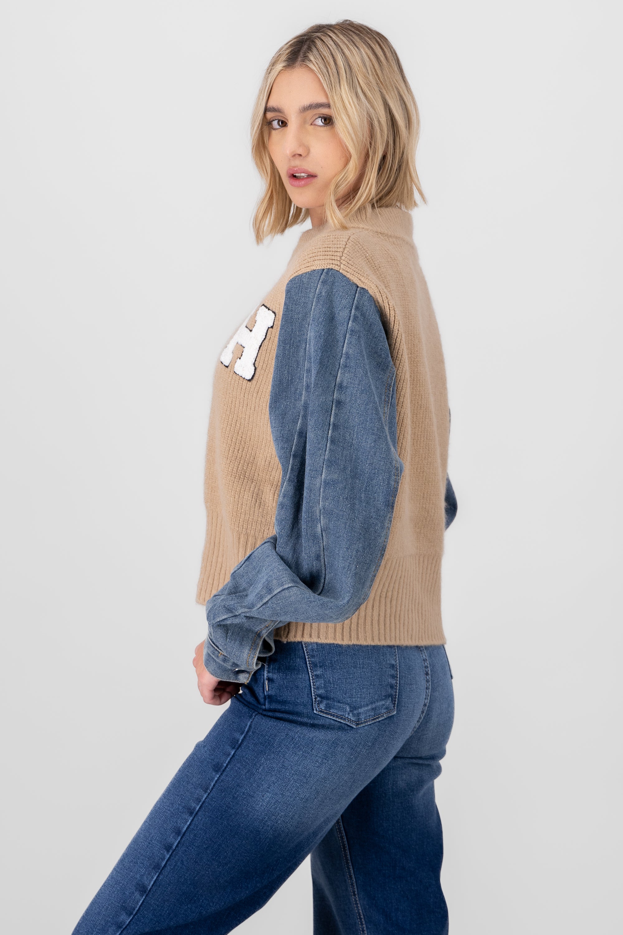 Denim Sleeve Sweater BEIGE