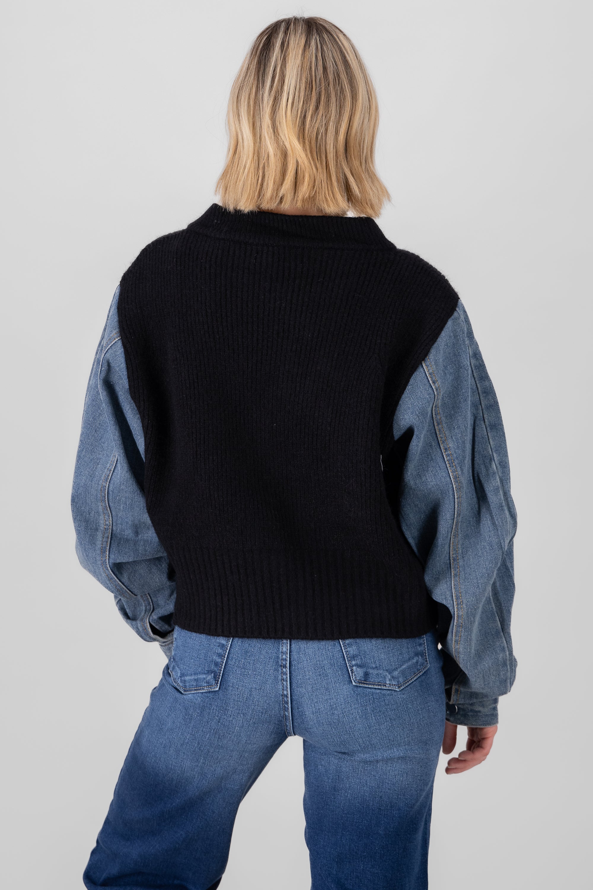 Denim Sleeve Sweater BLACK