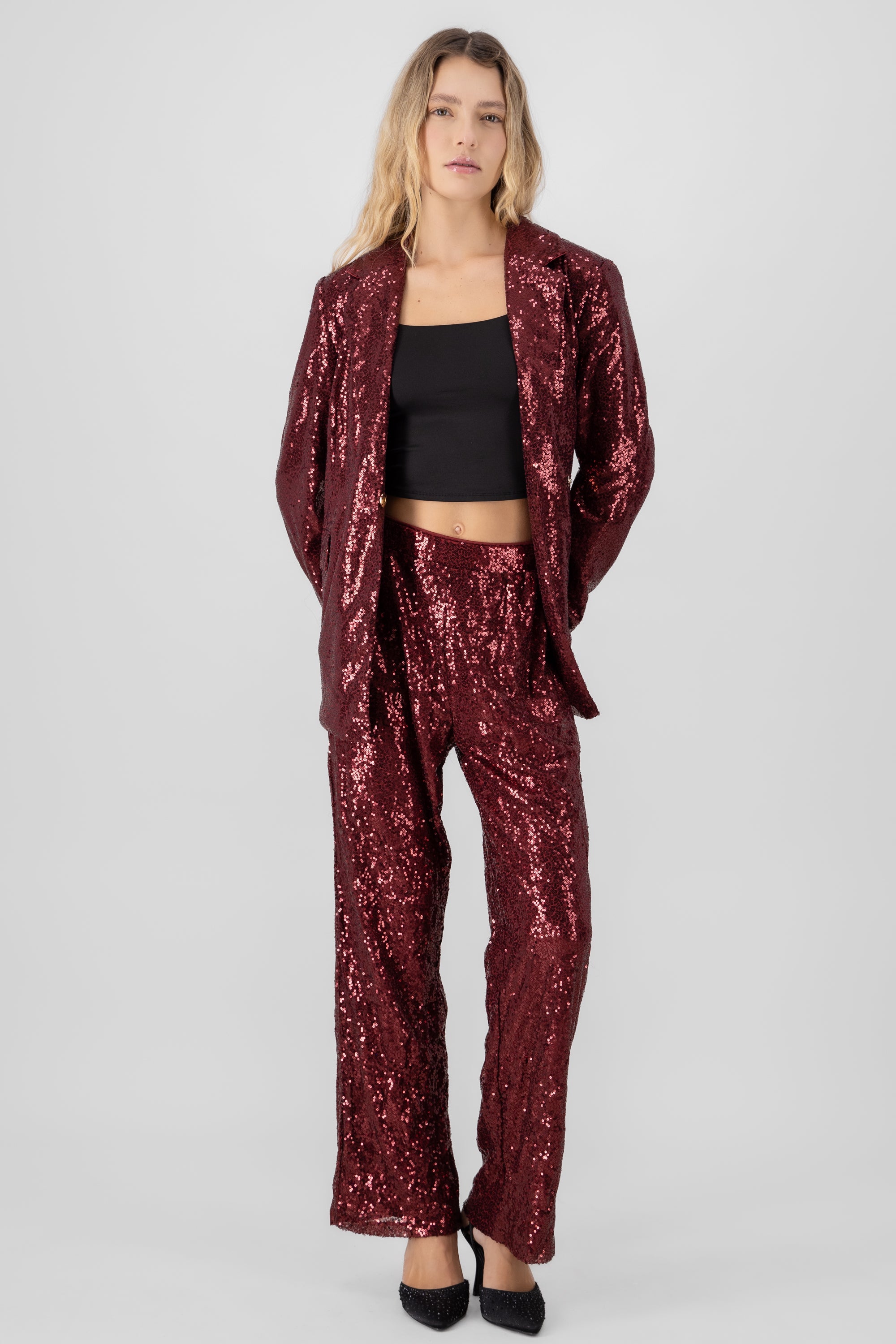 Sequin Flowy Pants BURGUNDY