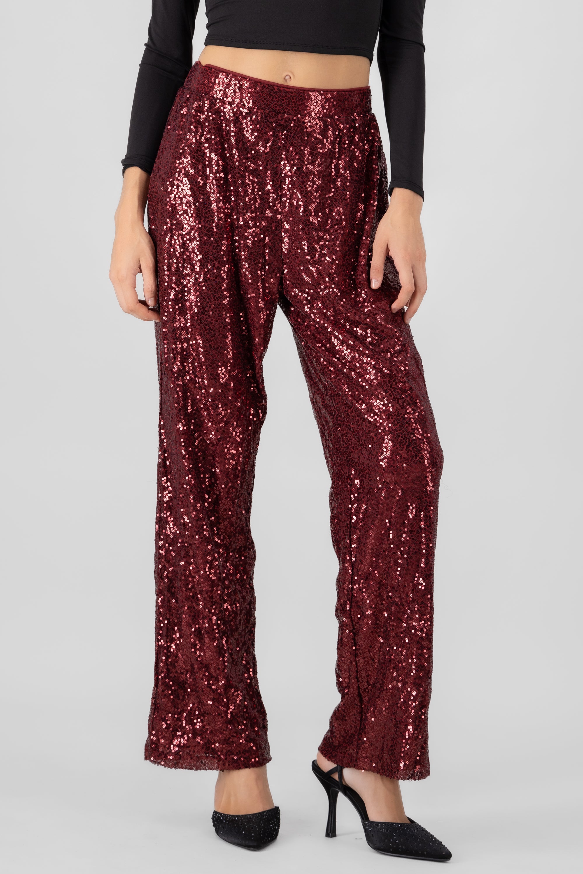 Sequin Flowy Pants BURGUNDY