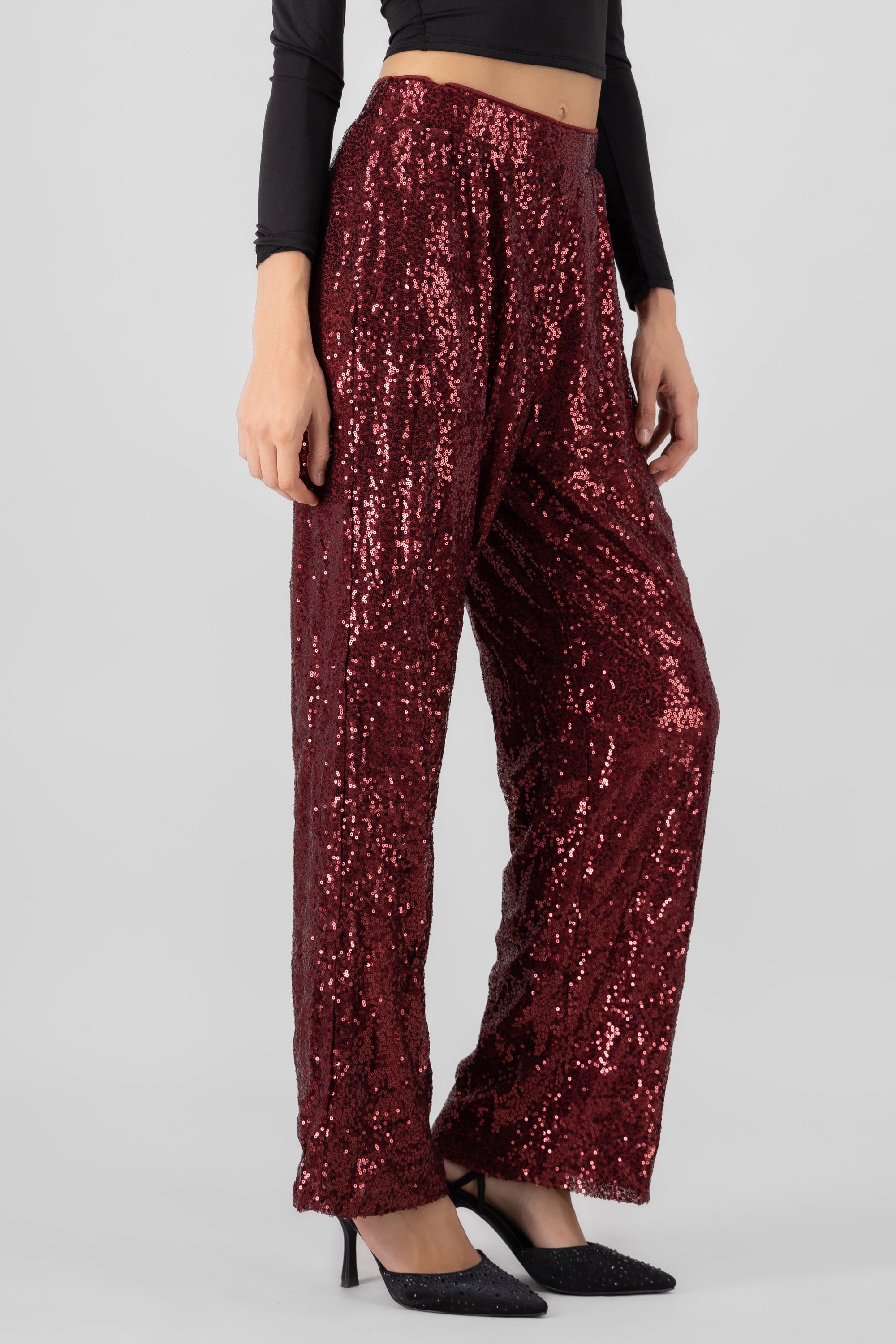 Sequin Flowy Pants BURGUNDY