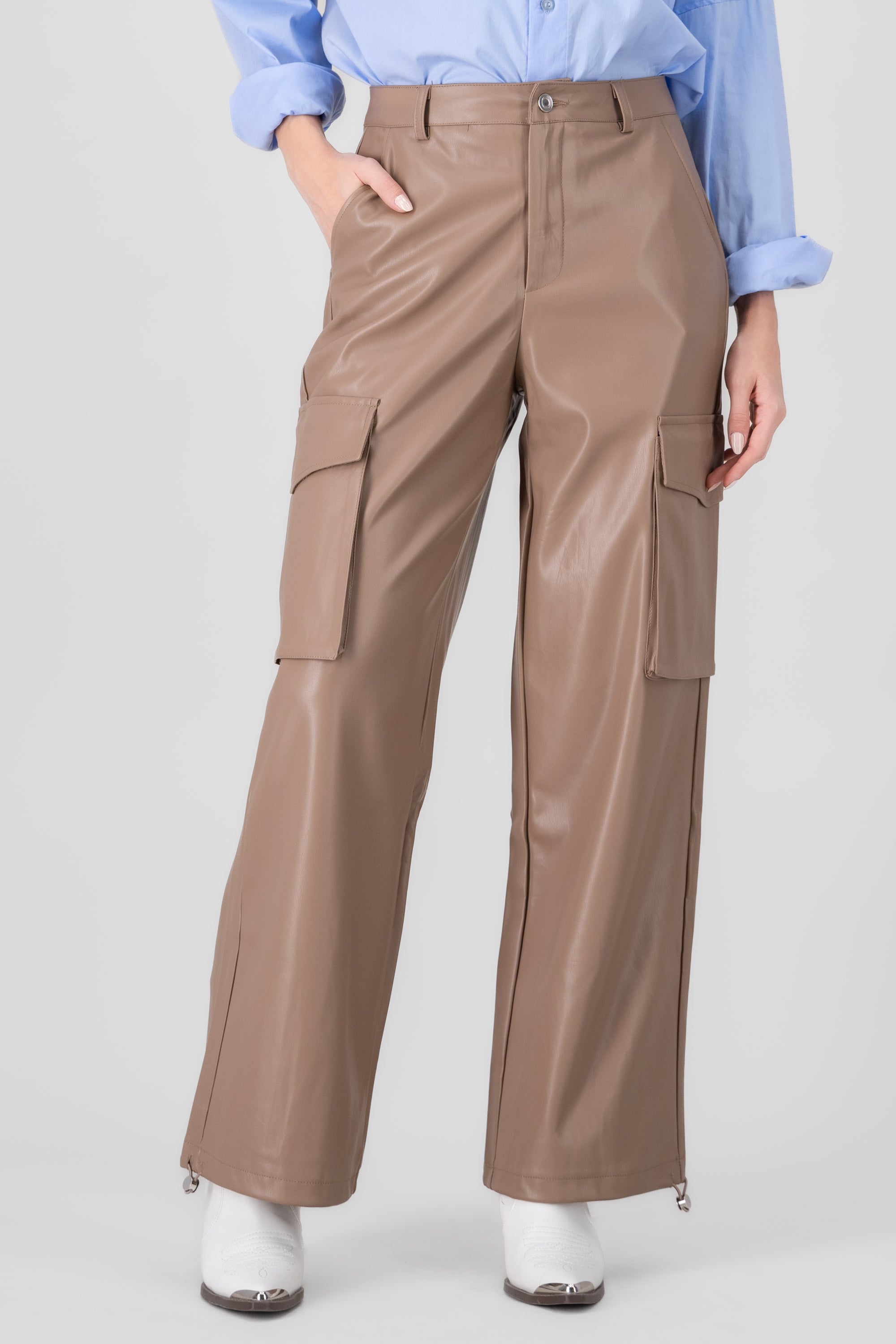 Cargo Pocket Faux Leather Pants BEIGE