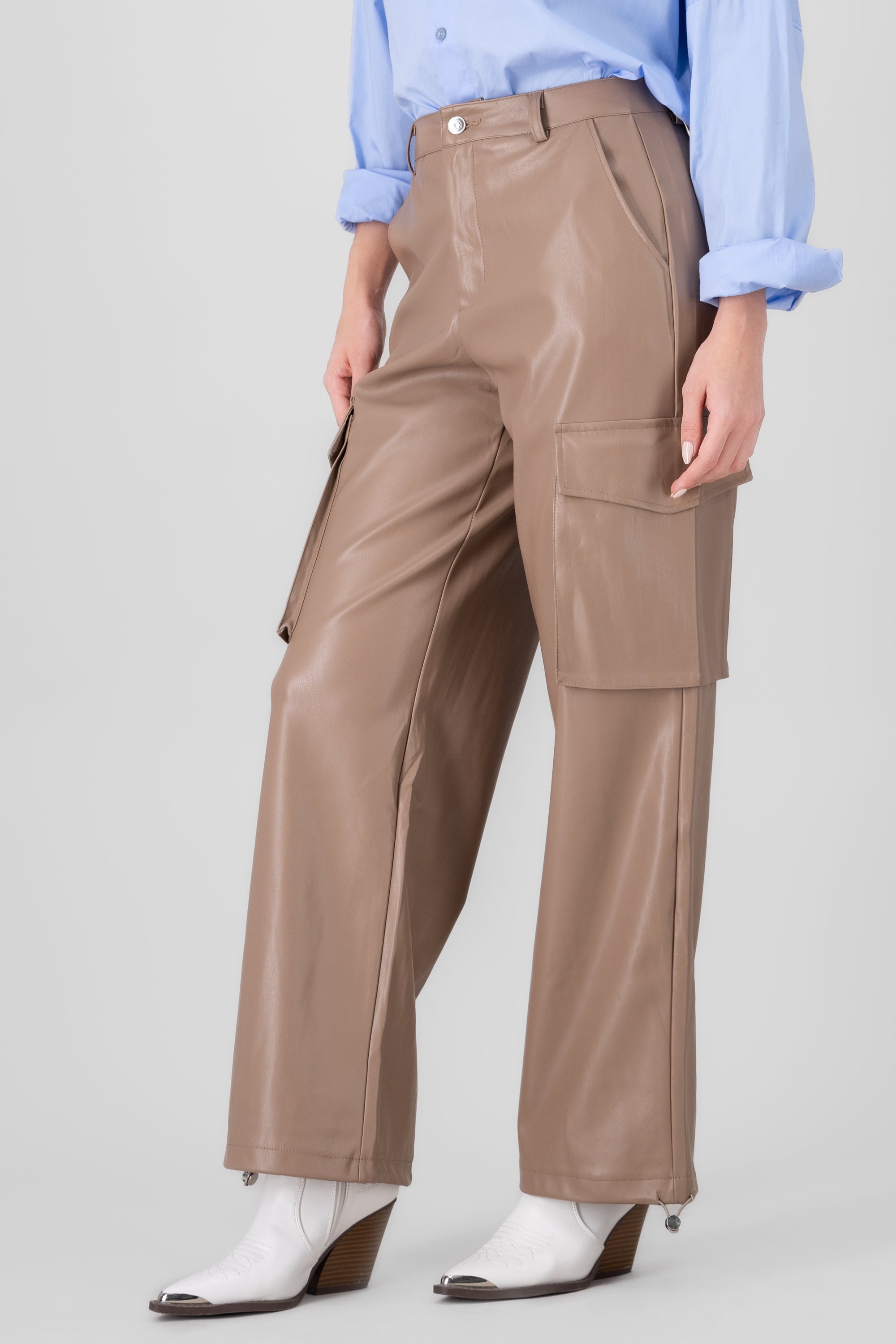 Cargo Pocket Faux Leather Pants BEIGE