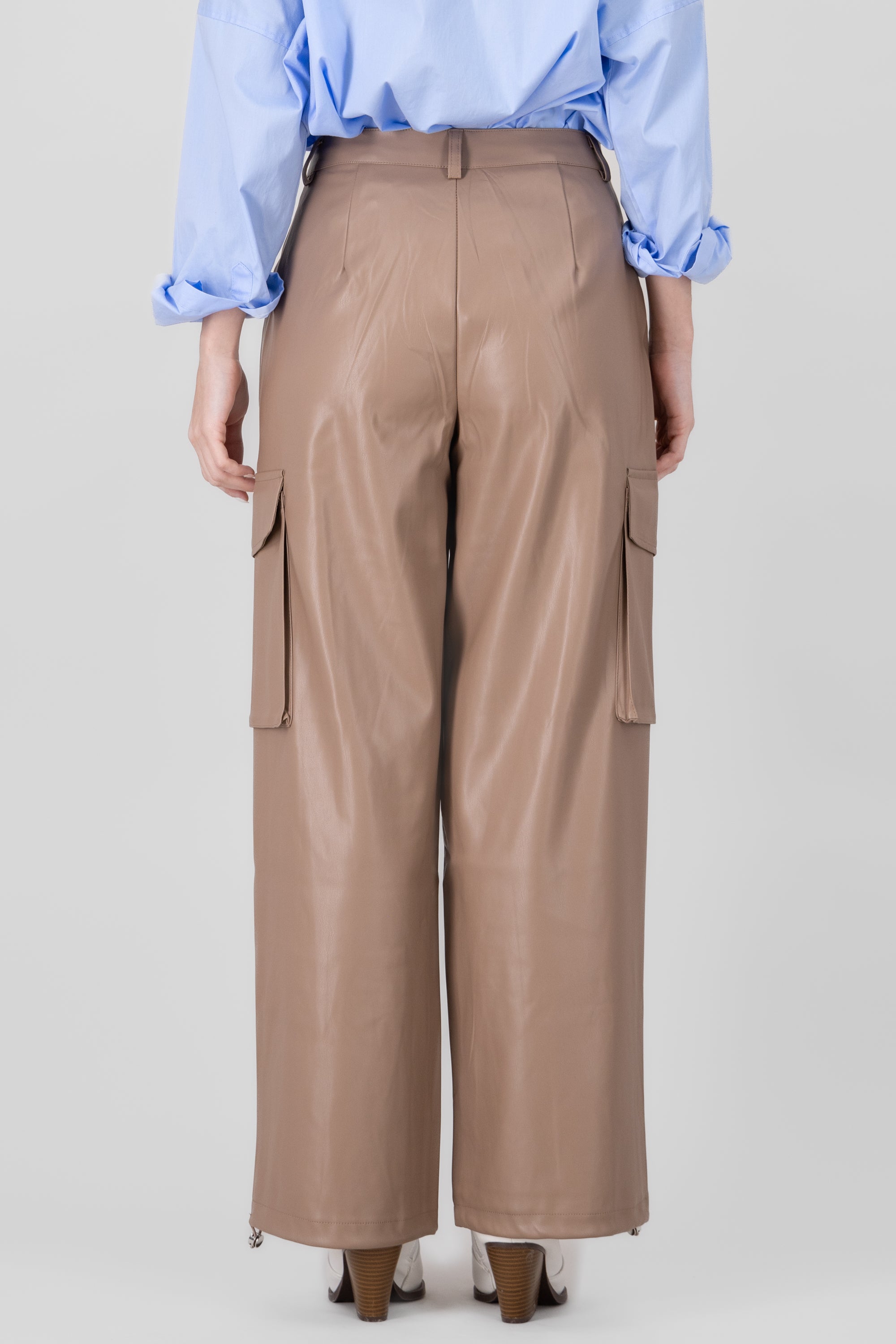 Cargo Pocket Faux Leather Pants BEIGE