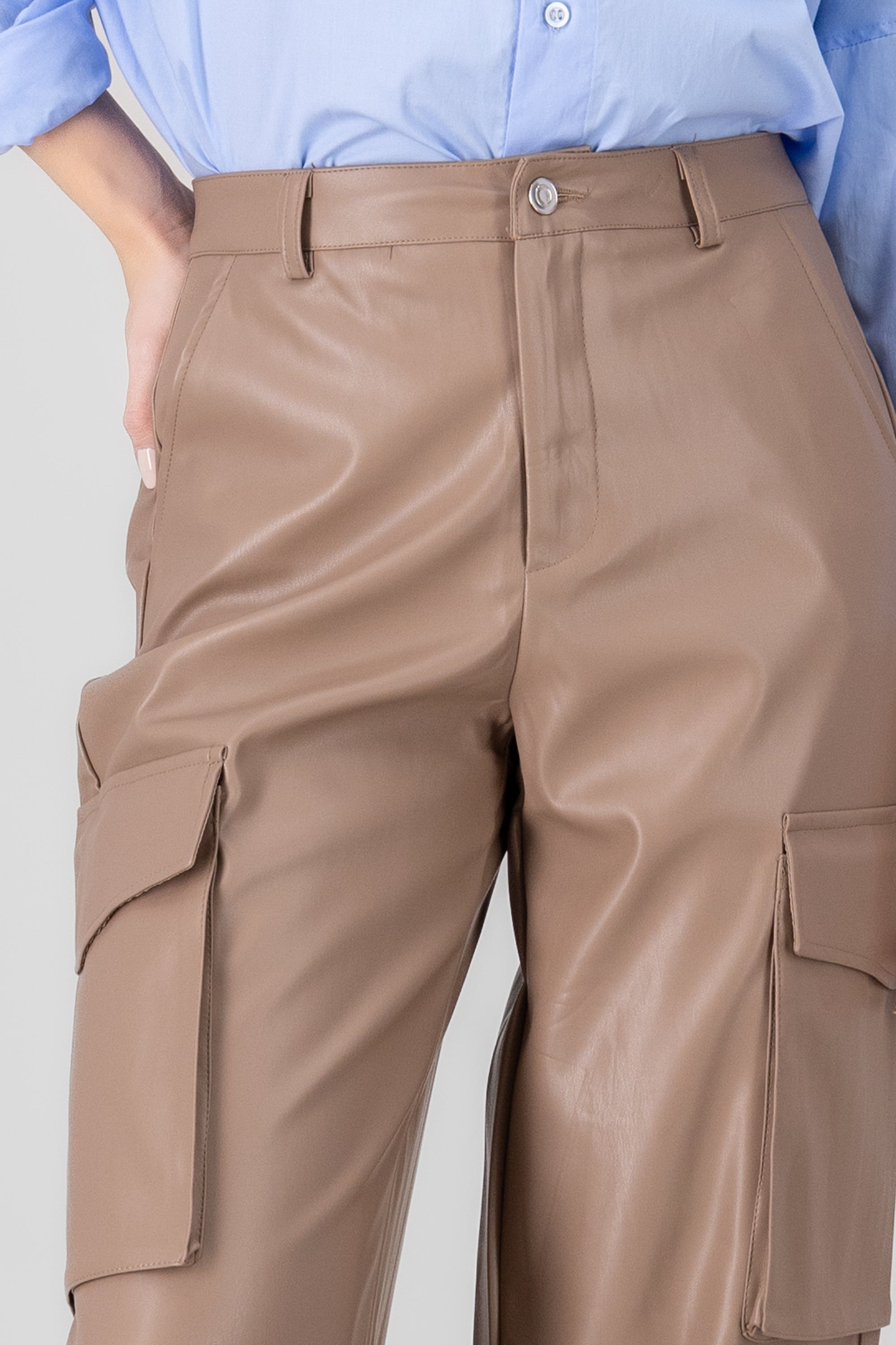 Cargo Pocket Faux Leather Pants BEIGE