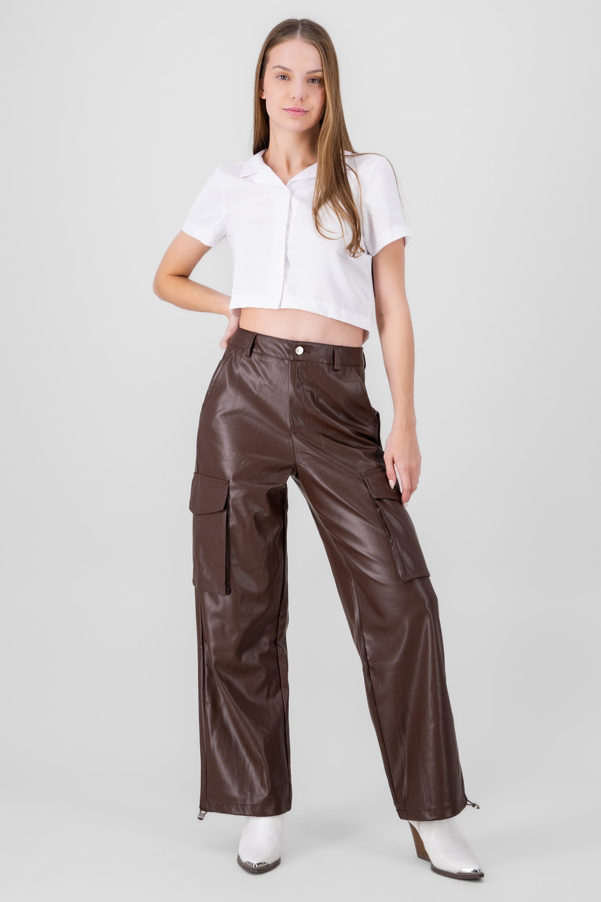 Cargo Pocket Faux Leather Pants BROWN