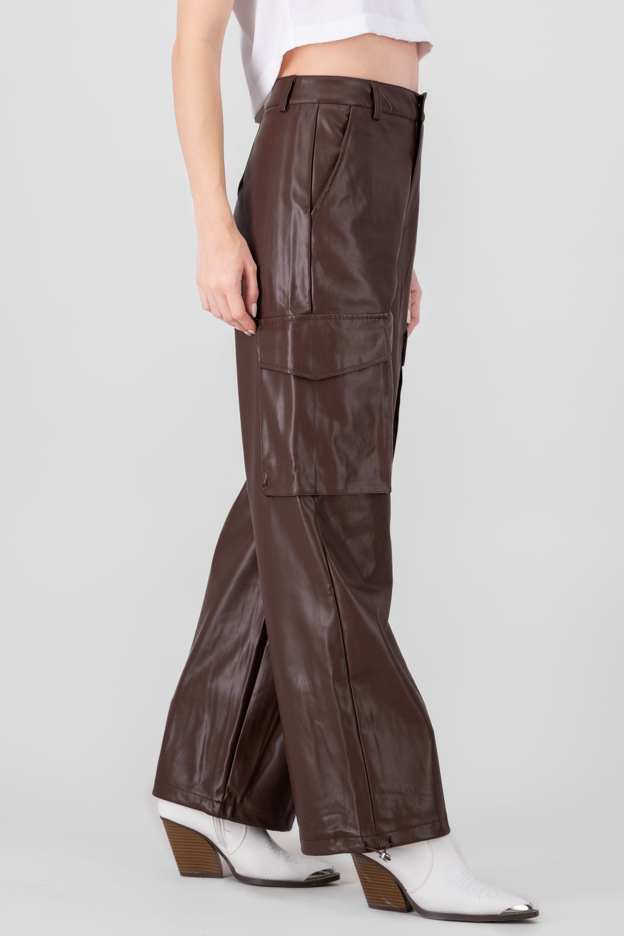 Cargo Pocket Faux Leather Pants BROWN