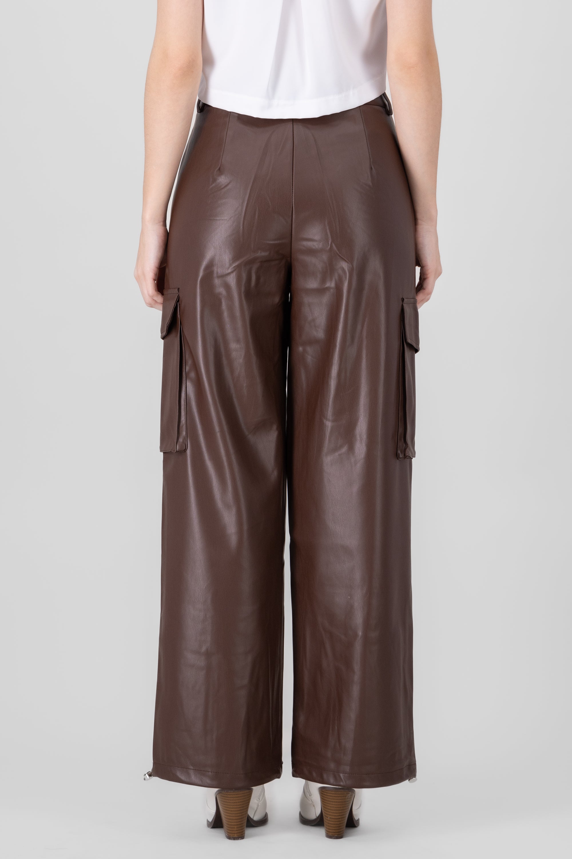 Cargo Pocket Faux Leather Pants BROWN