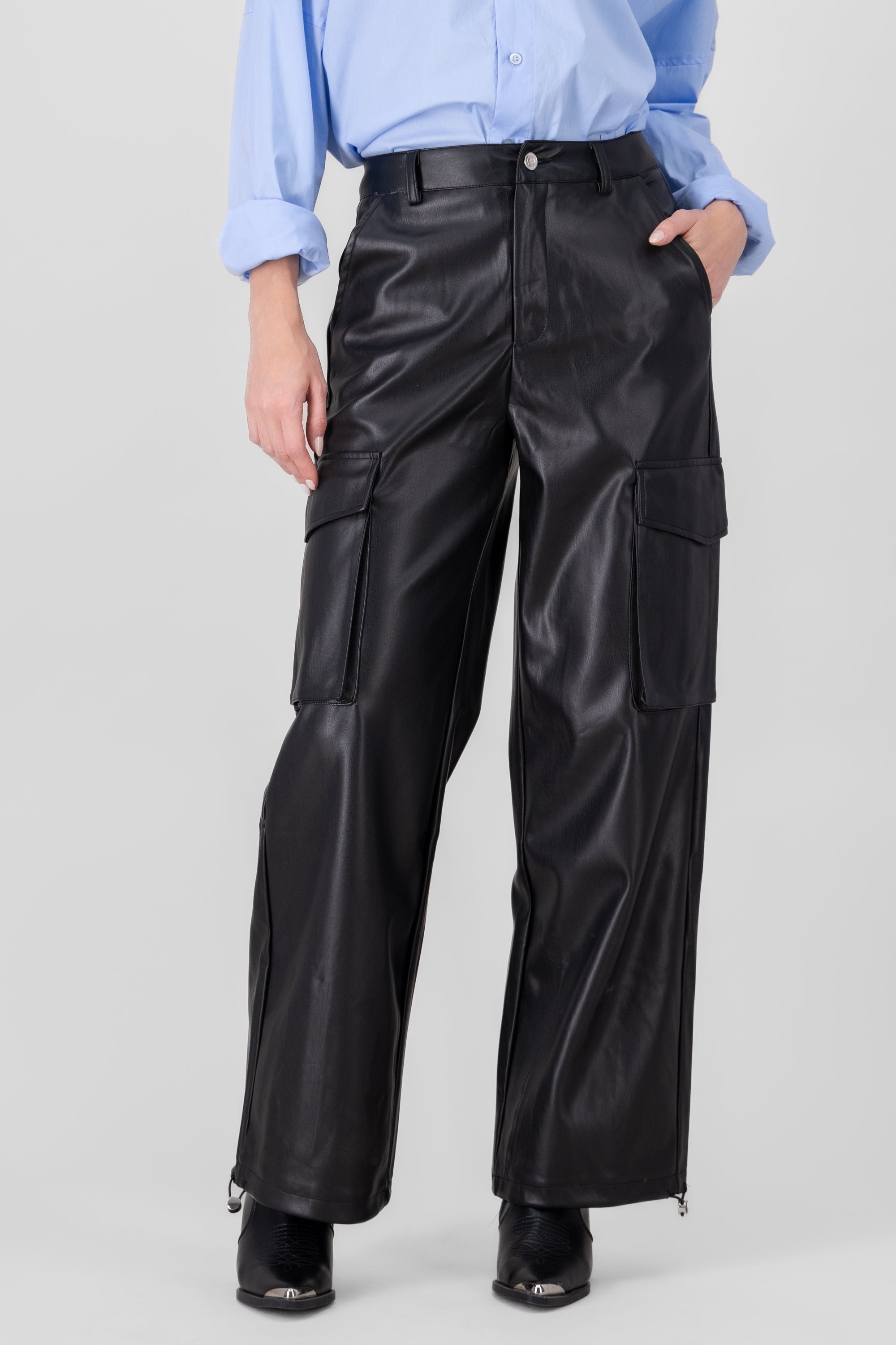 Cargo Pocket Faux Leather Pants BLACK