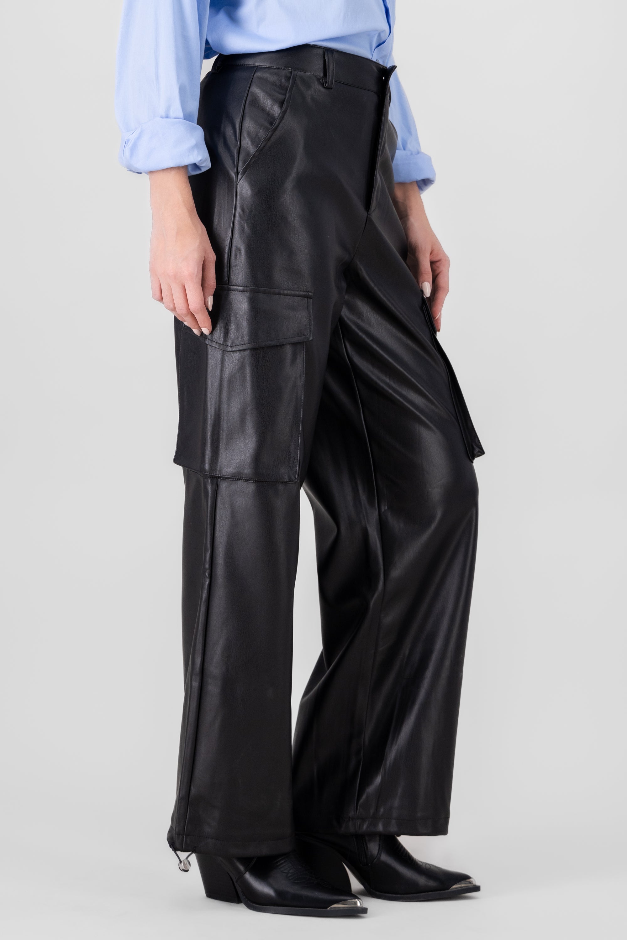 Cargo Pocket Faux Leather Pants BLACK