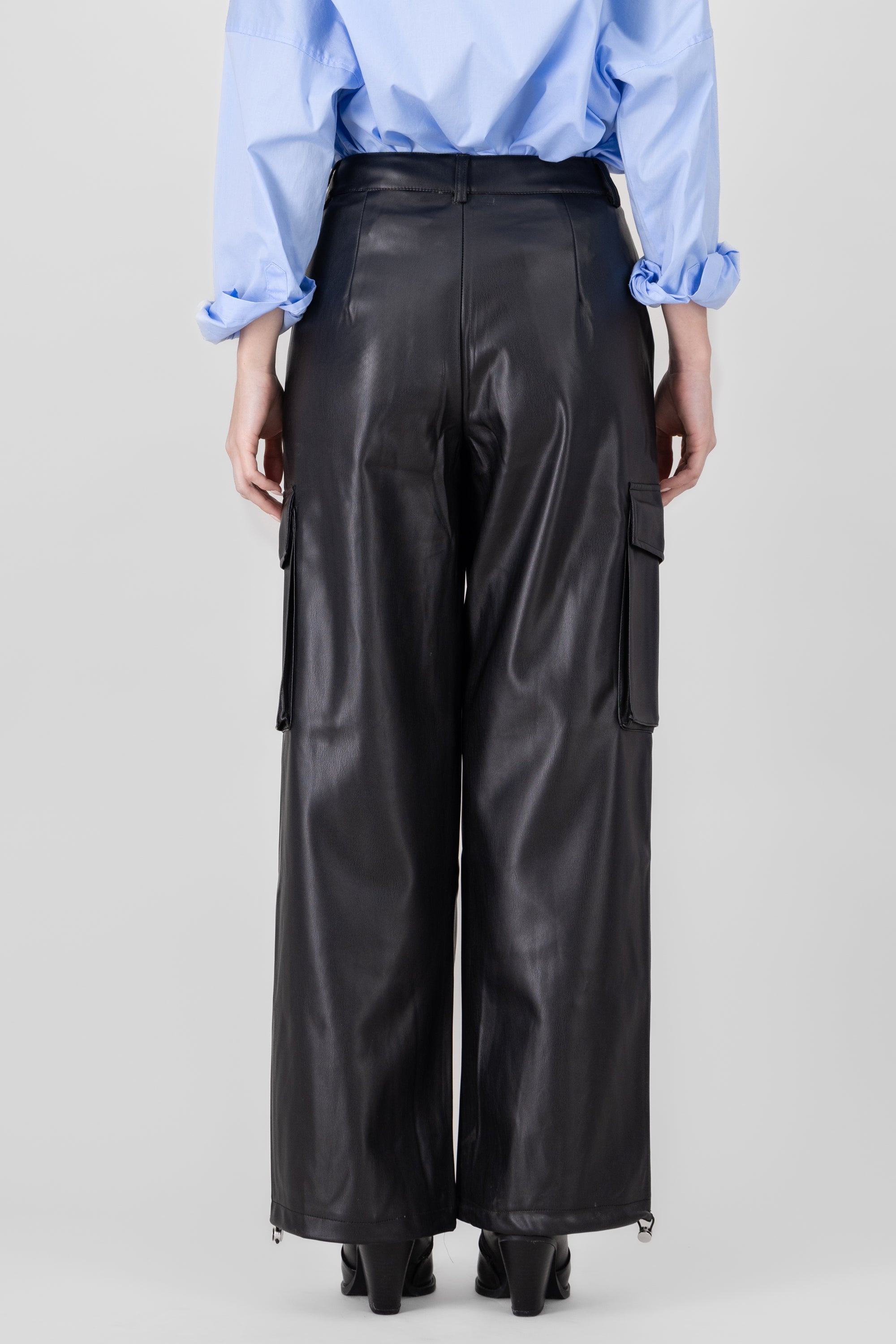 Cargo Pocket Faux Leather Pants BLACK