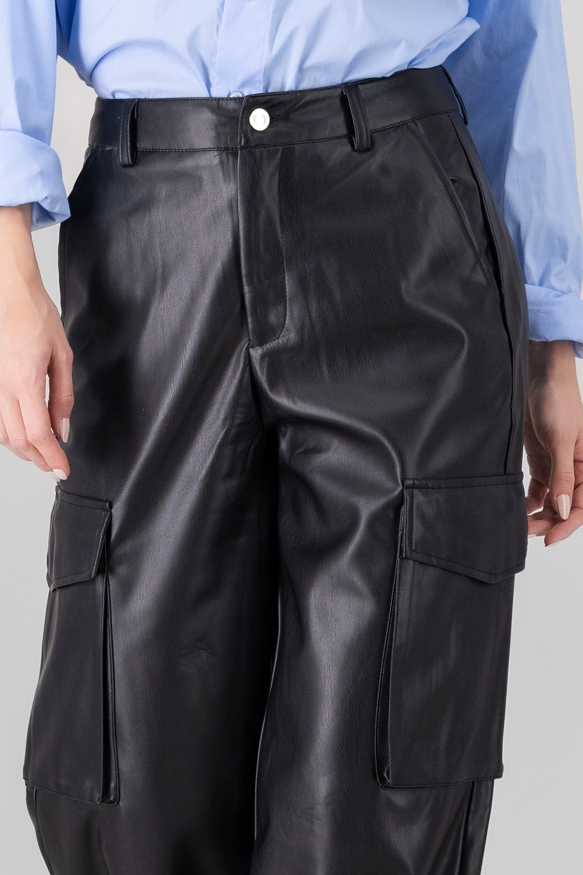 Cargo Pocket Faux Leather Pants BLACK