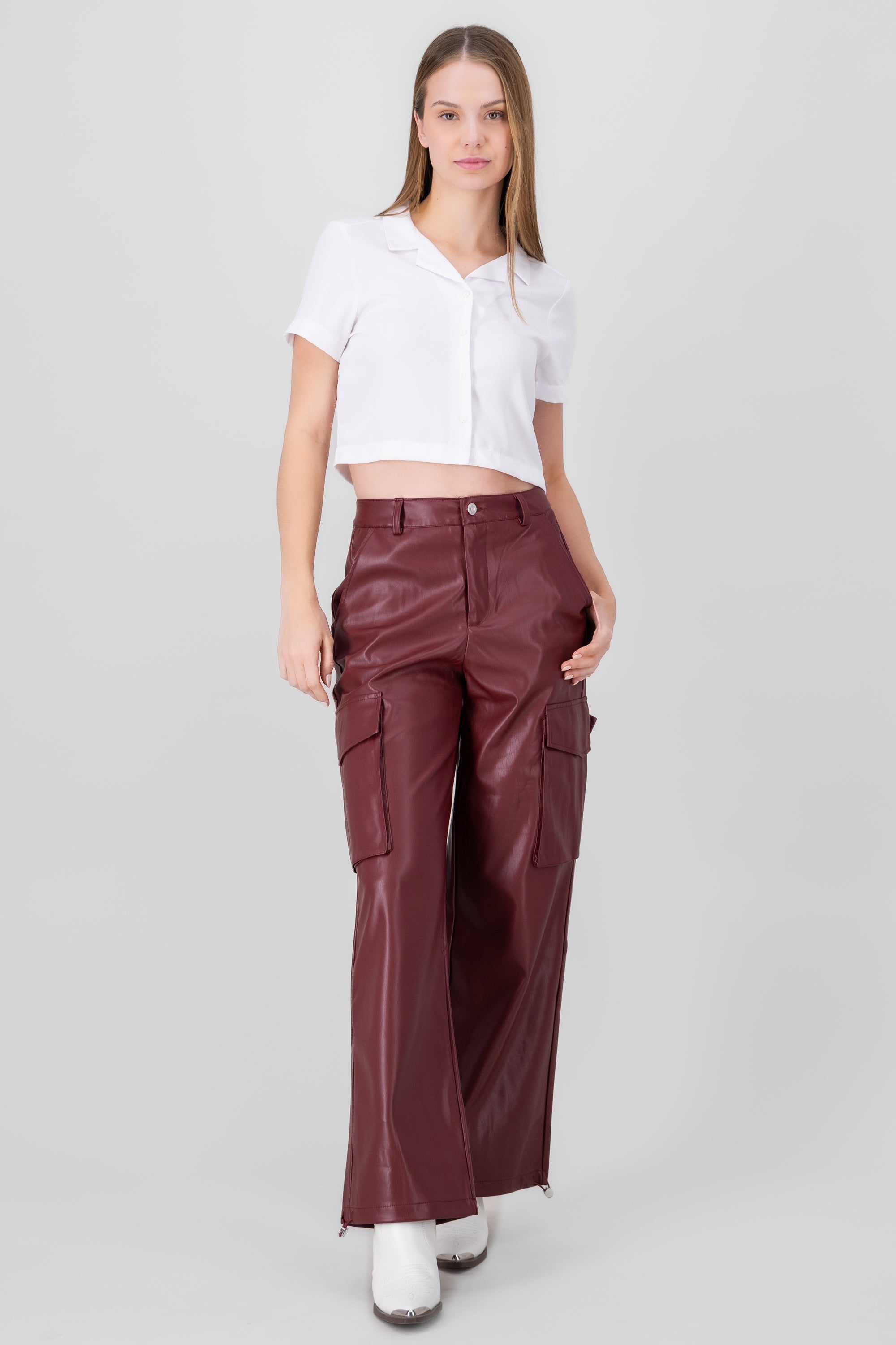 Cargo Pocket Faux Leather Pants BURGUNDY