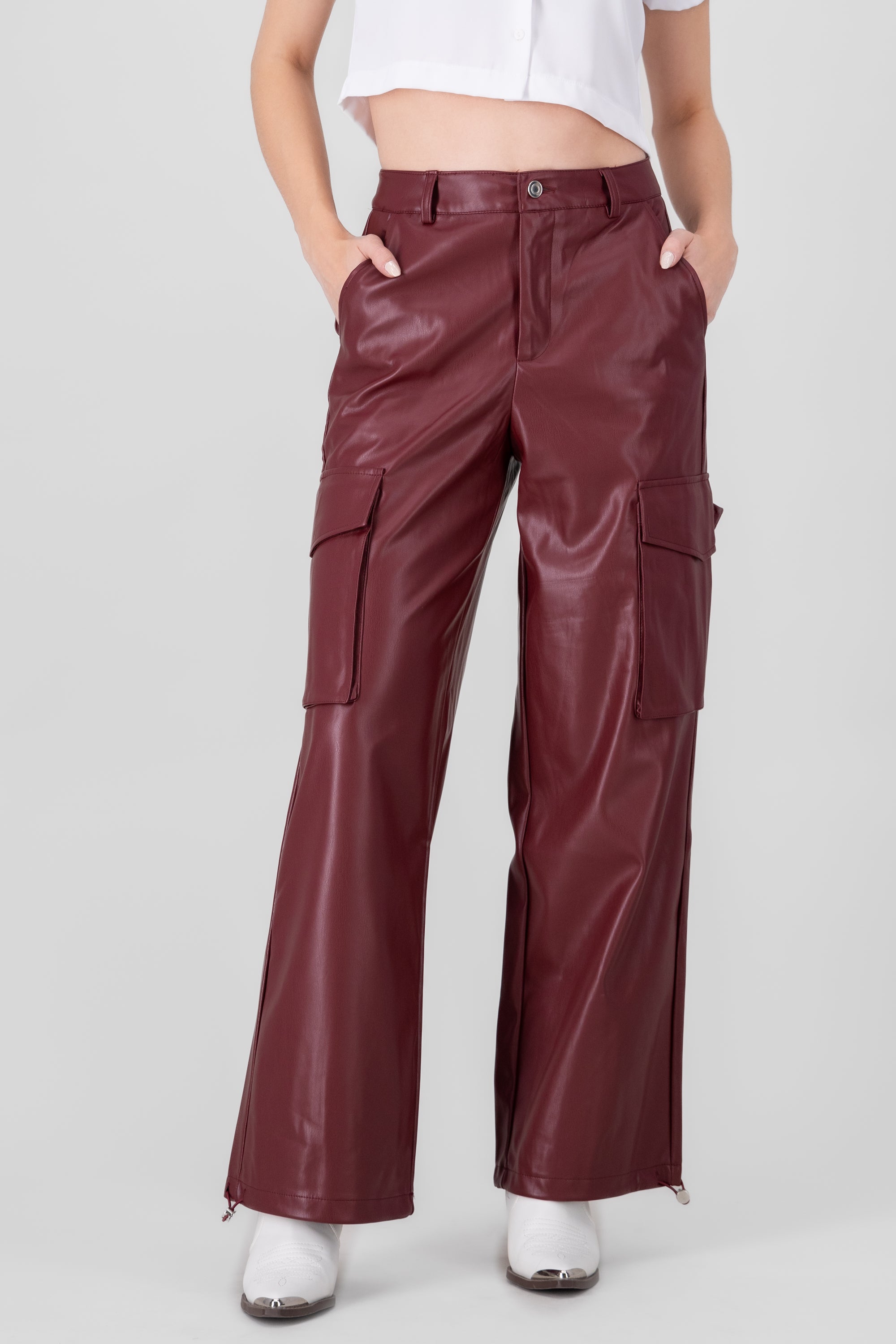 Cargo Pocket Faux Leather Pants BURGUNDY