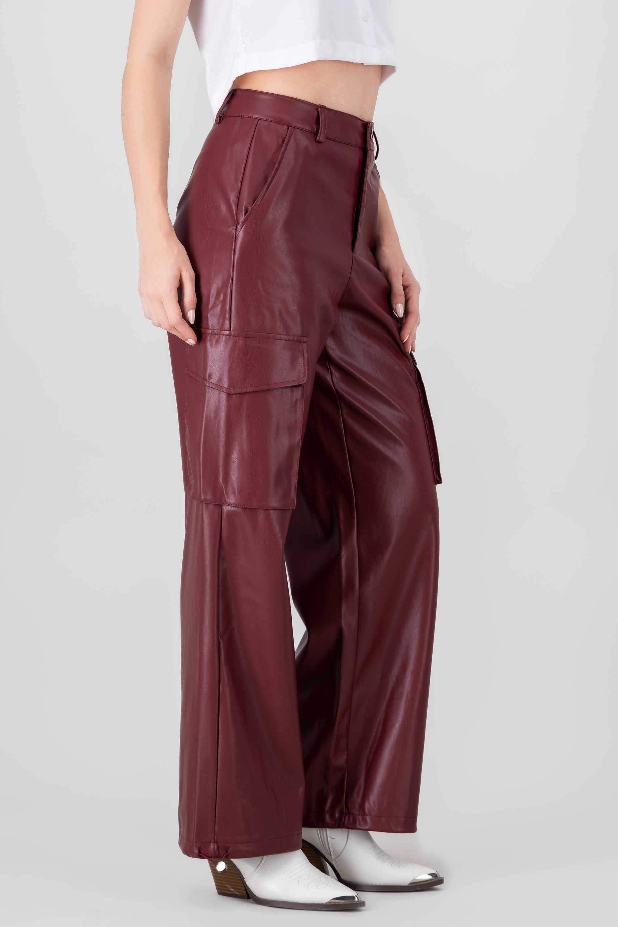 Cargo Pocket Faux Leather Pants BURGUNDY