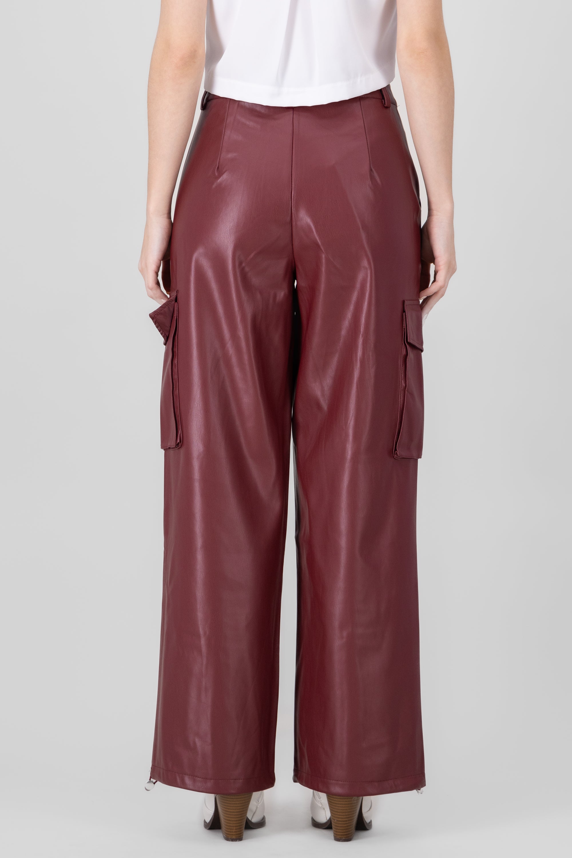 Cargo Pocket Faux Leather Pants BURGUNDY