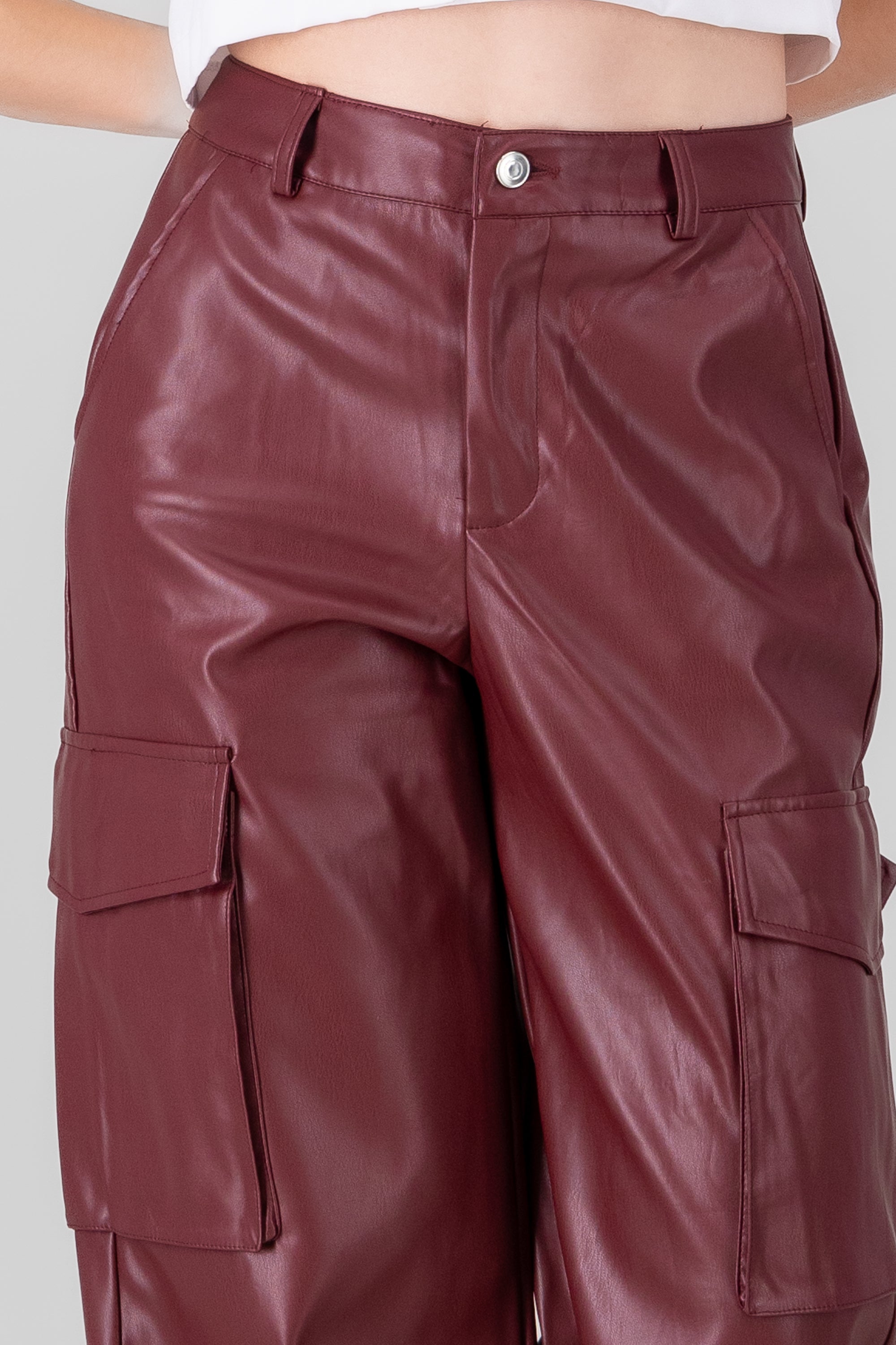 Cargo Pocket Faux Leather Pants BURGUNDY