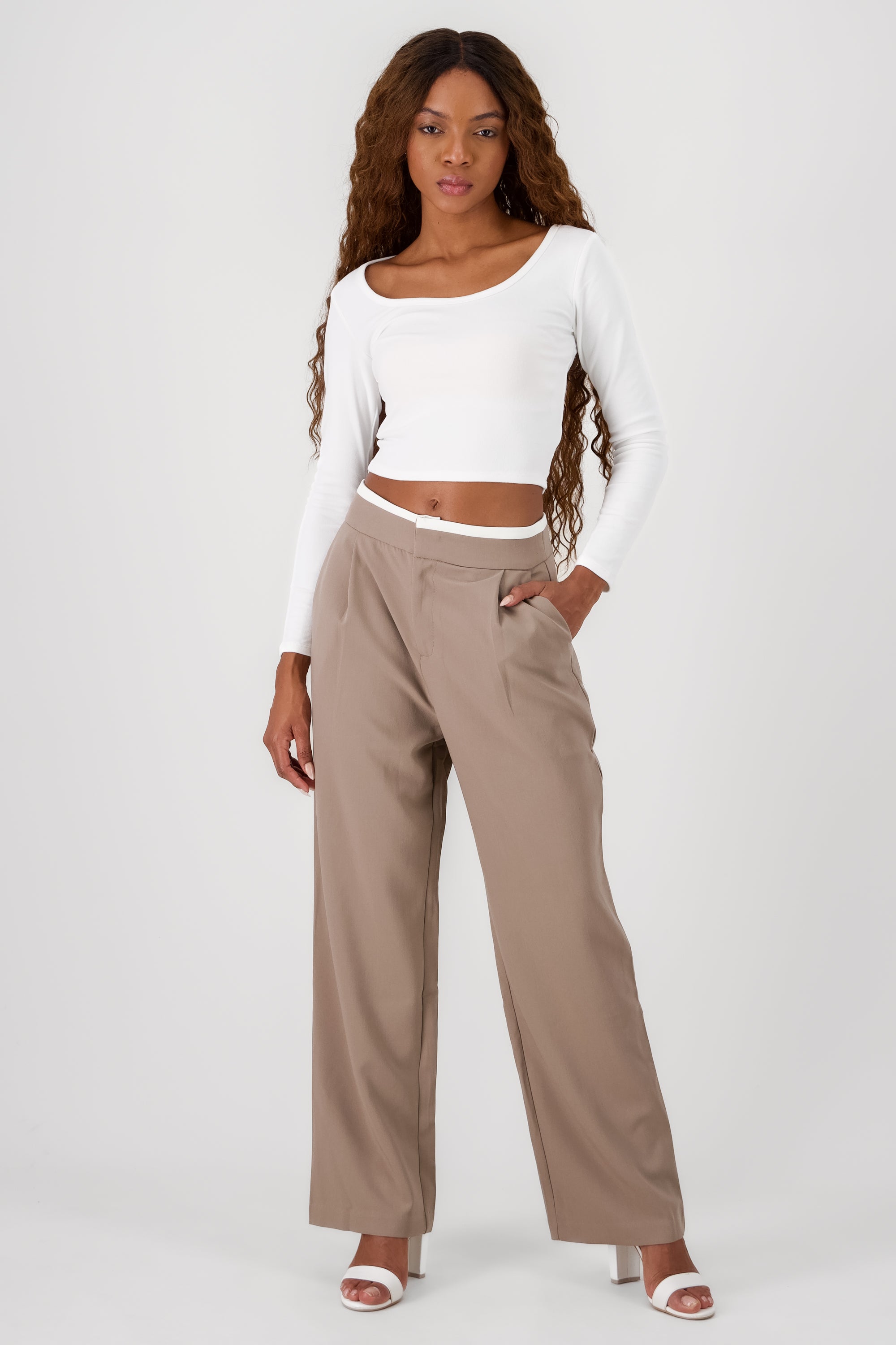 Contrasting Waistband Detail Pants BEIGE