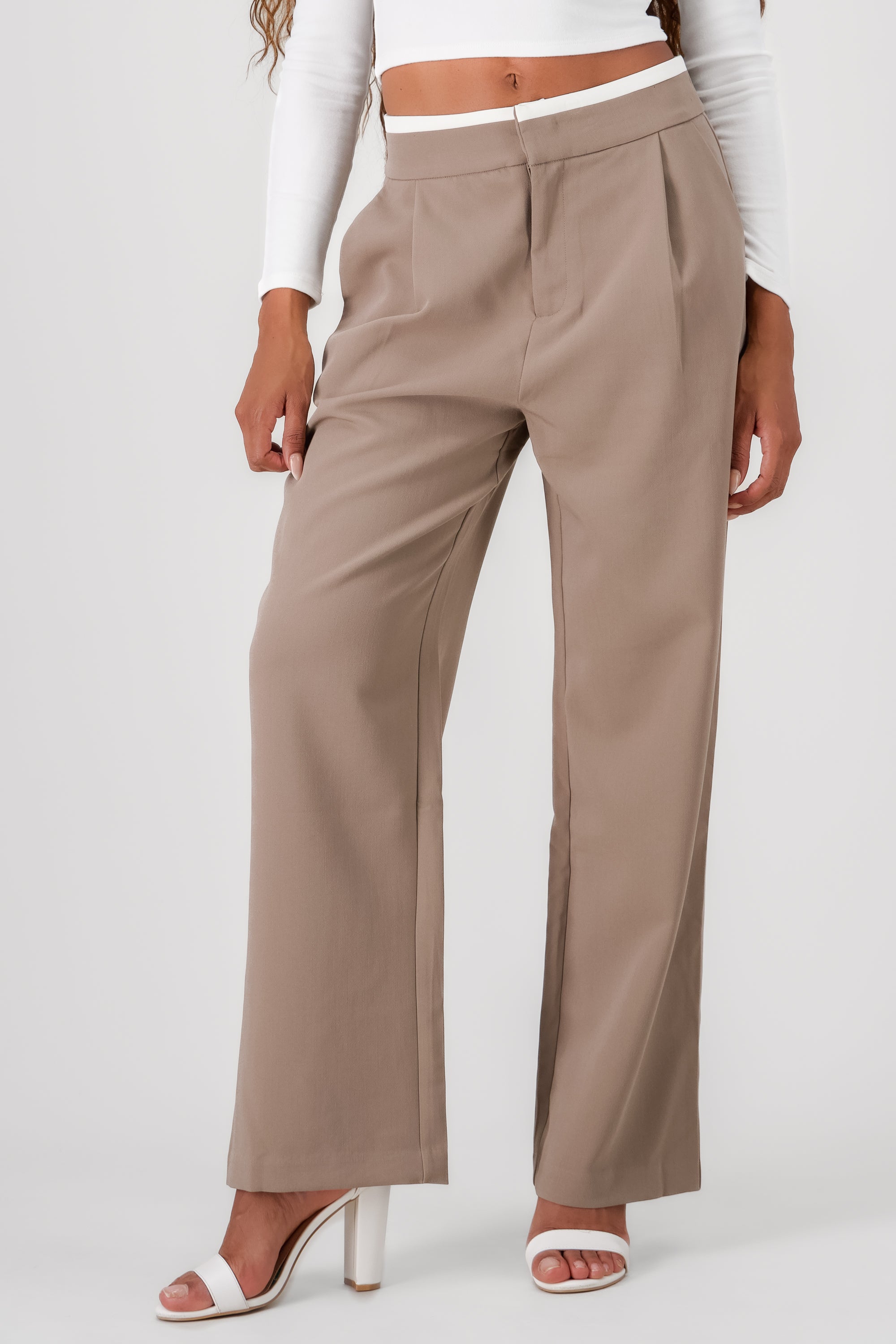 Contrasting Waistband Detail Pants BEIGE