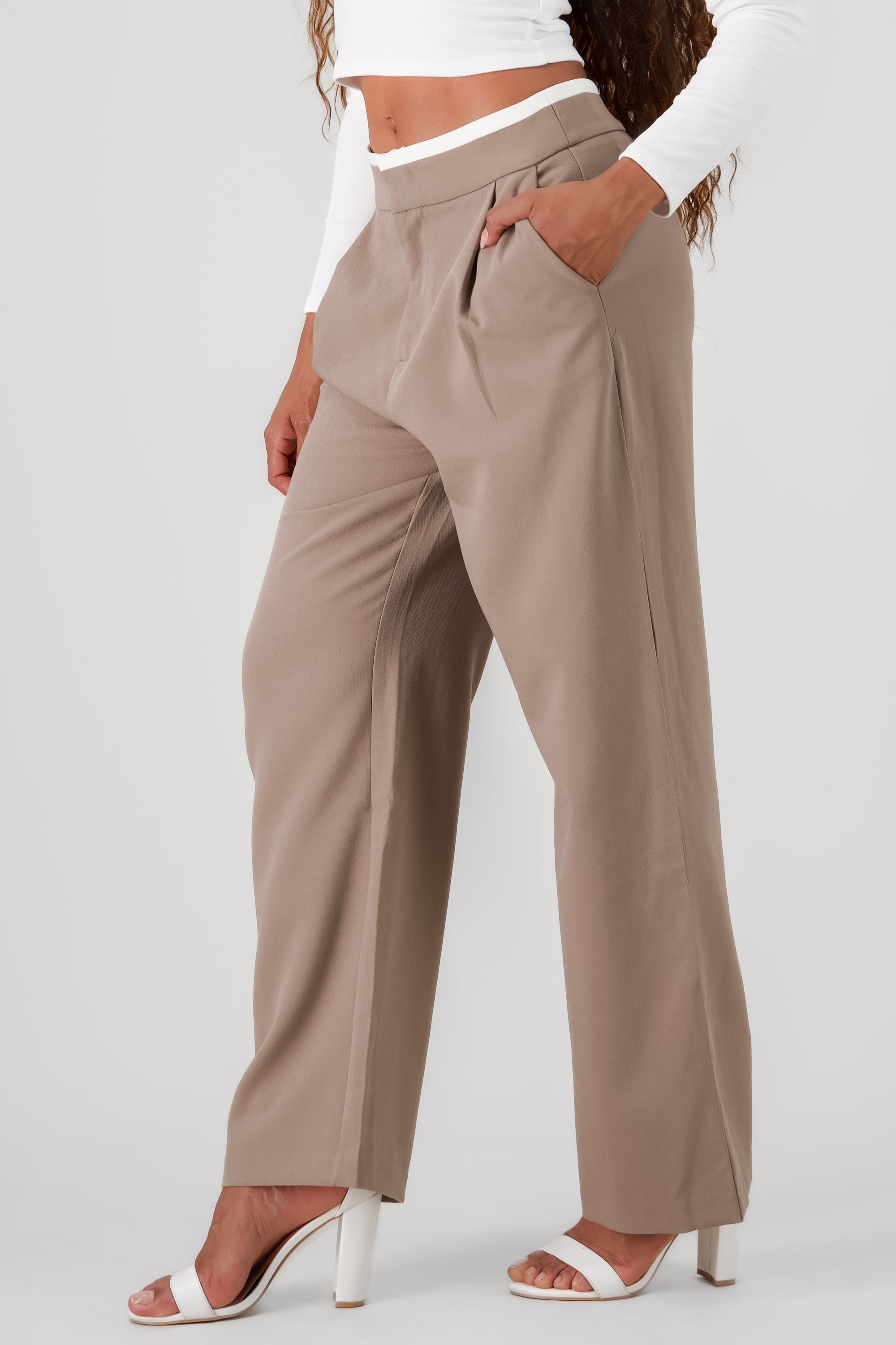 Contrasting Waistband Detail Pants BEIGE