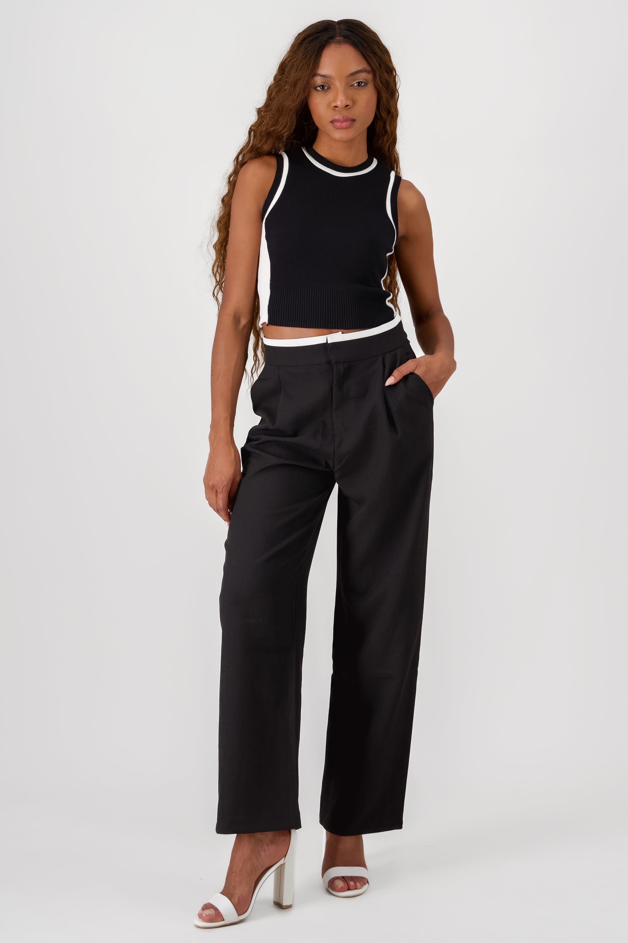 Contrasting Waistband Detail Pants BLACK