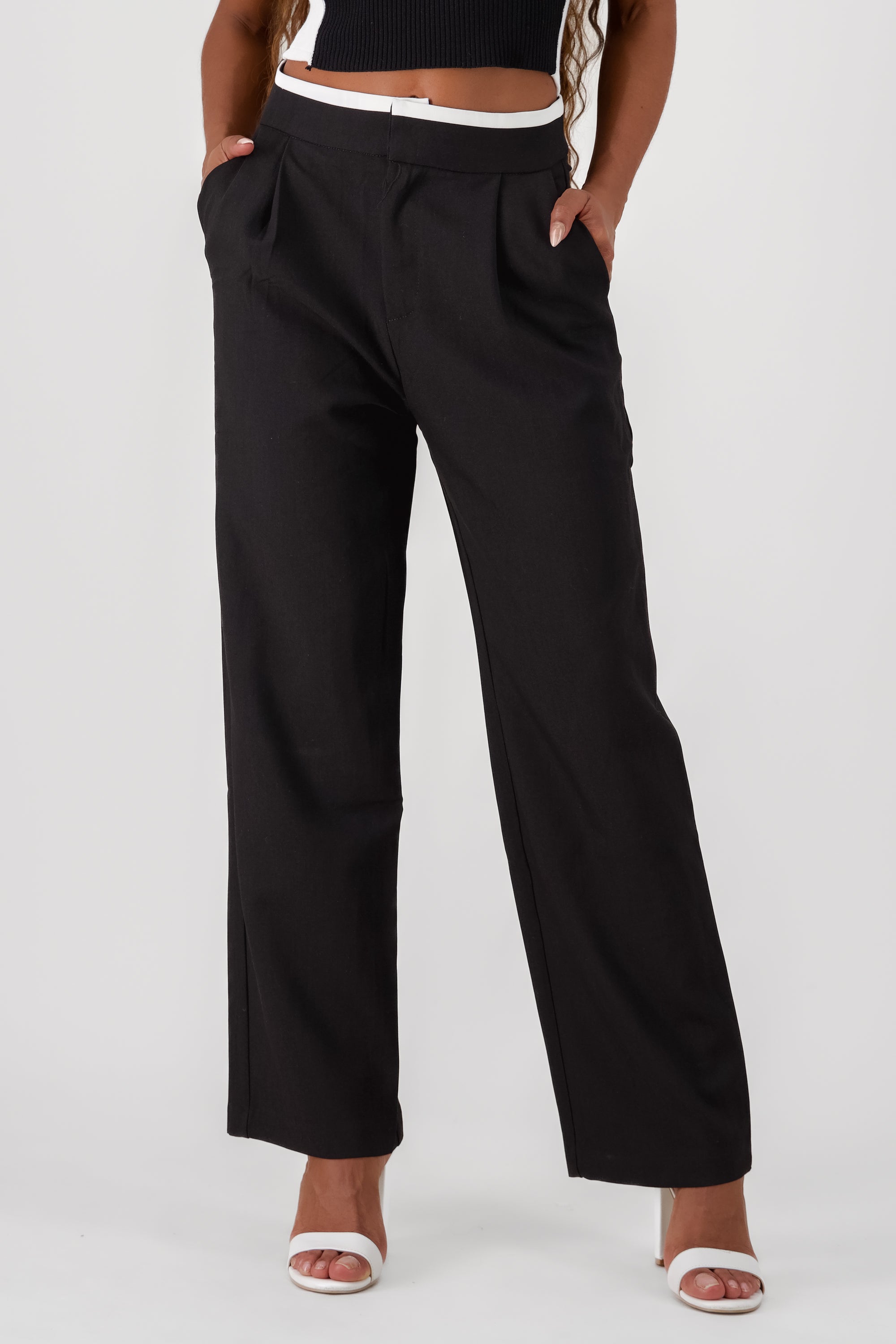 Contrasting Waistband Detail Pants BLACK