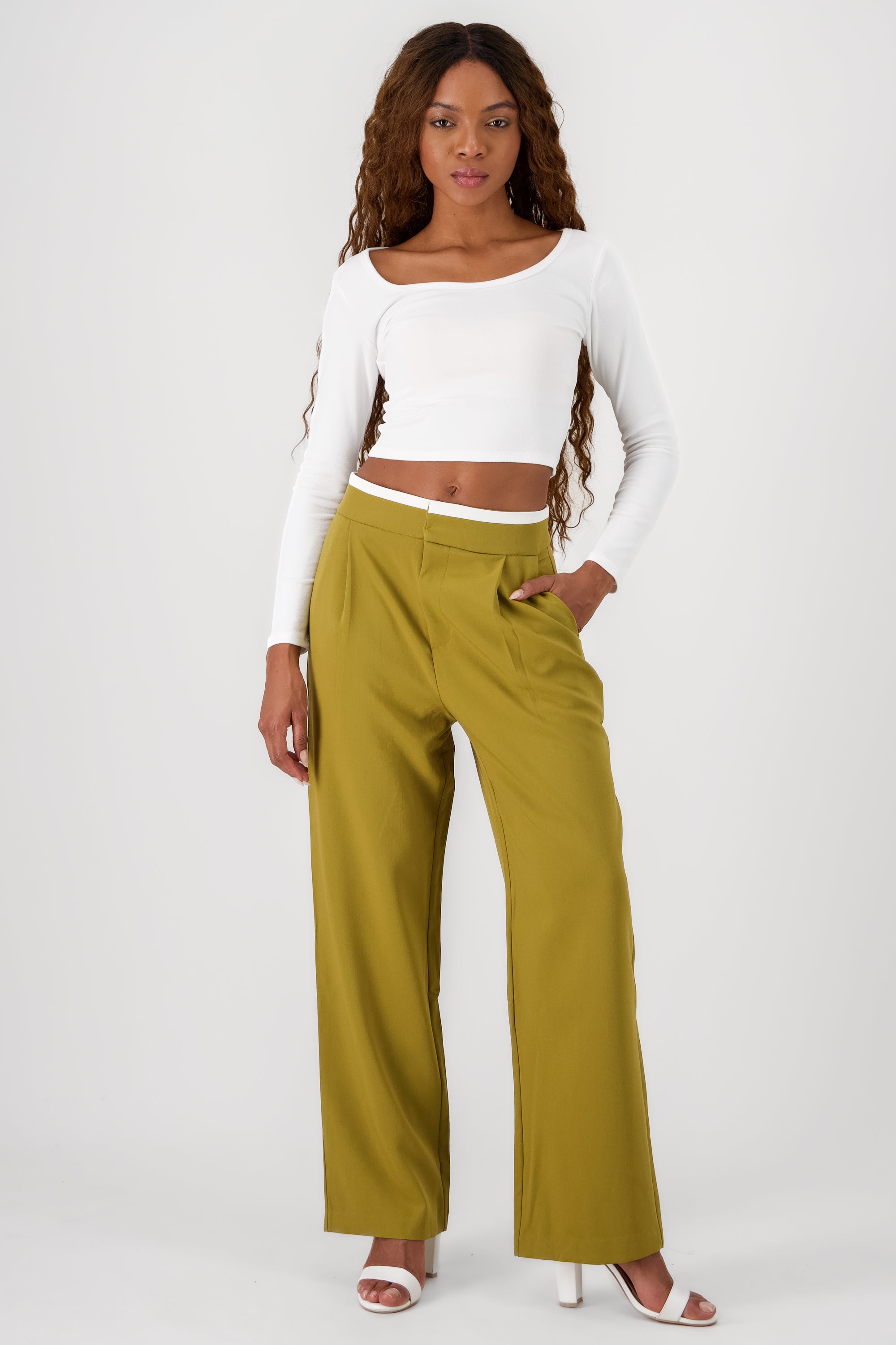 Contrasting Waistband Detail Pants GREEN