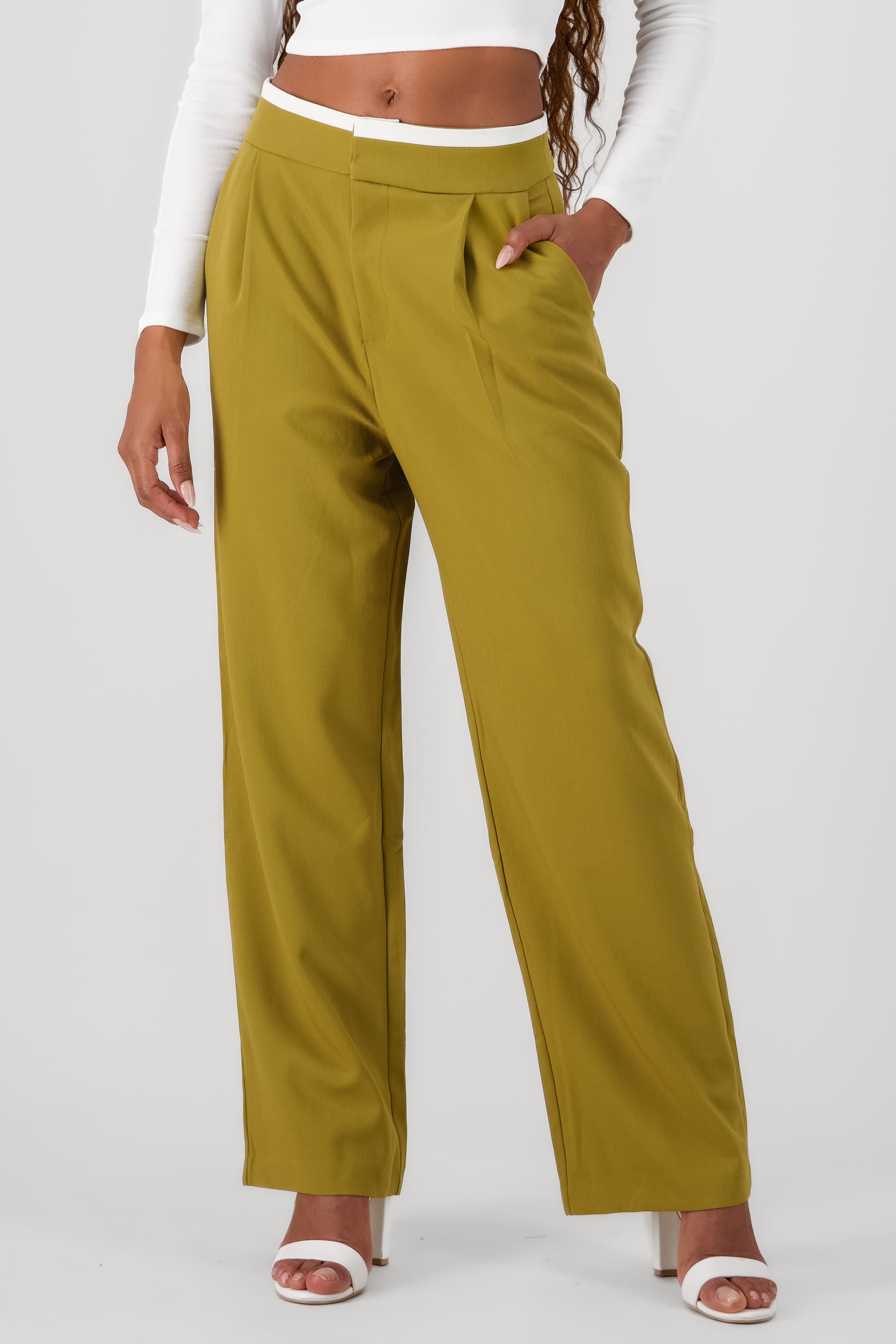 Contrasting Waistband Detail Pants GREEN