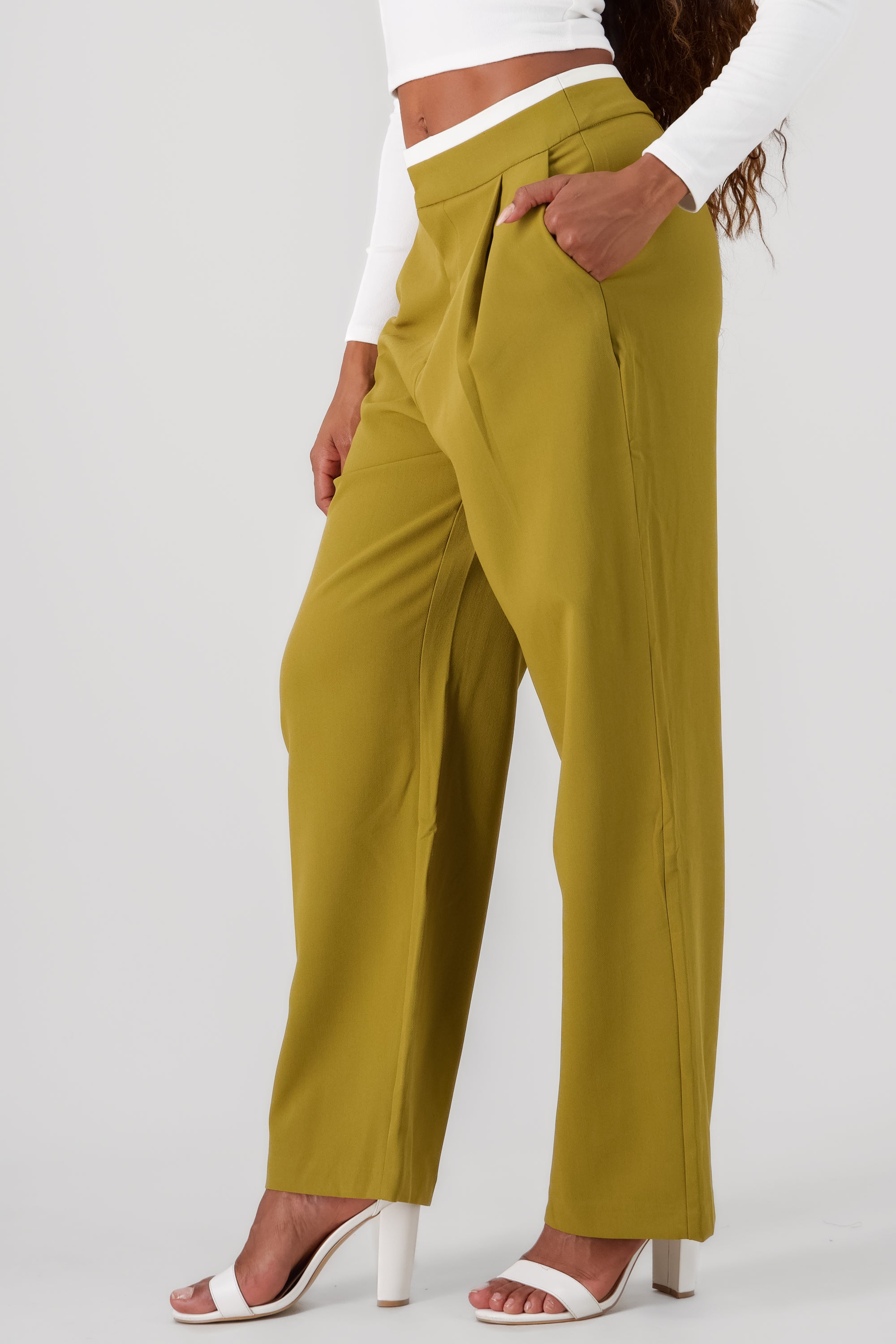 Contrasting Waistband Detail Pants GREEN