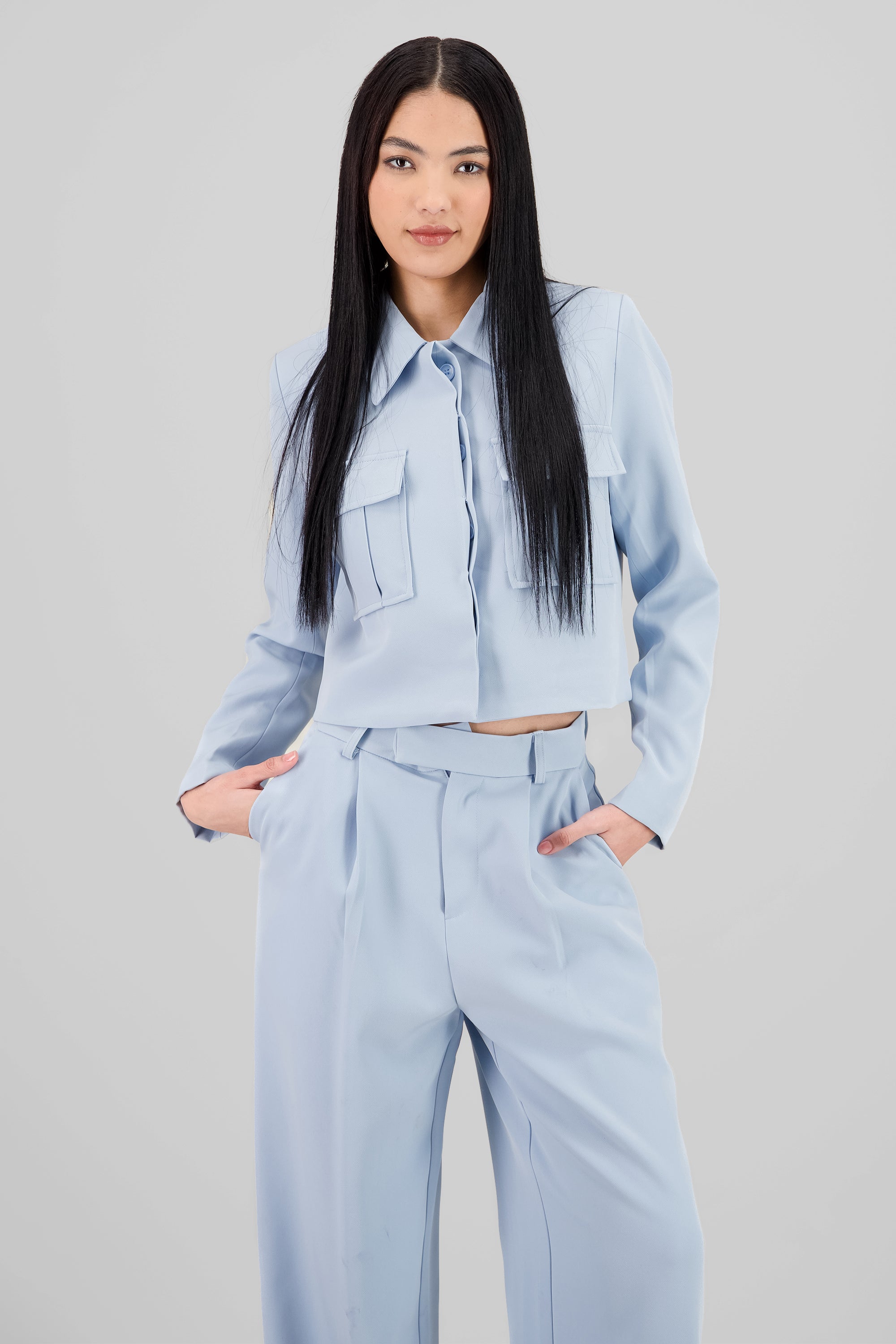 3D pockets Cropped Shirt BLUE