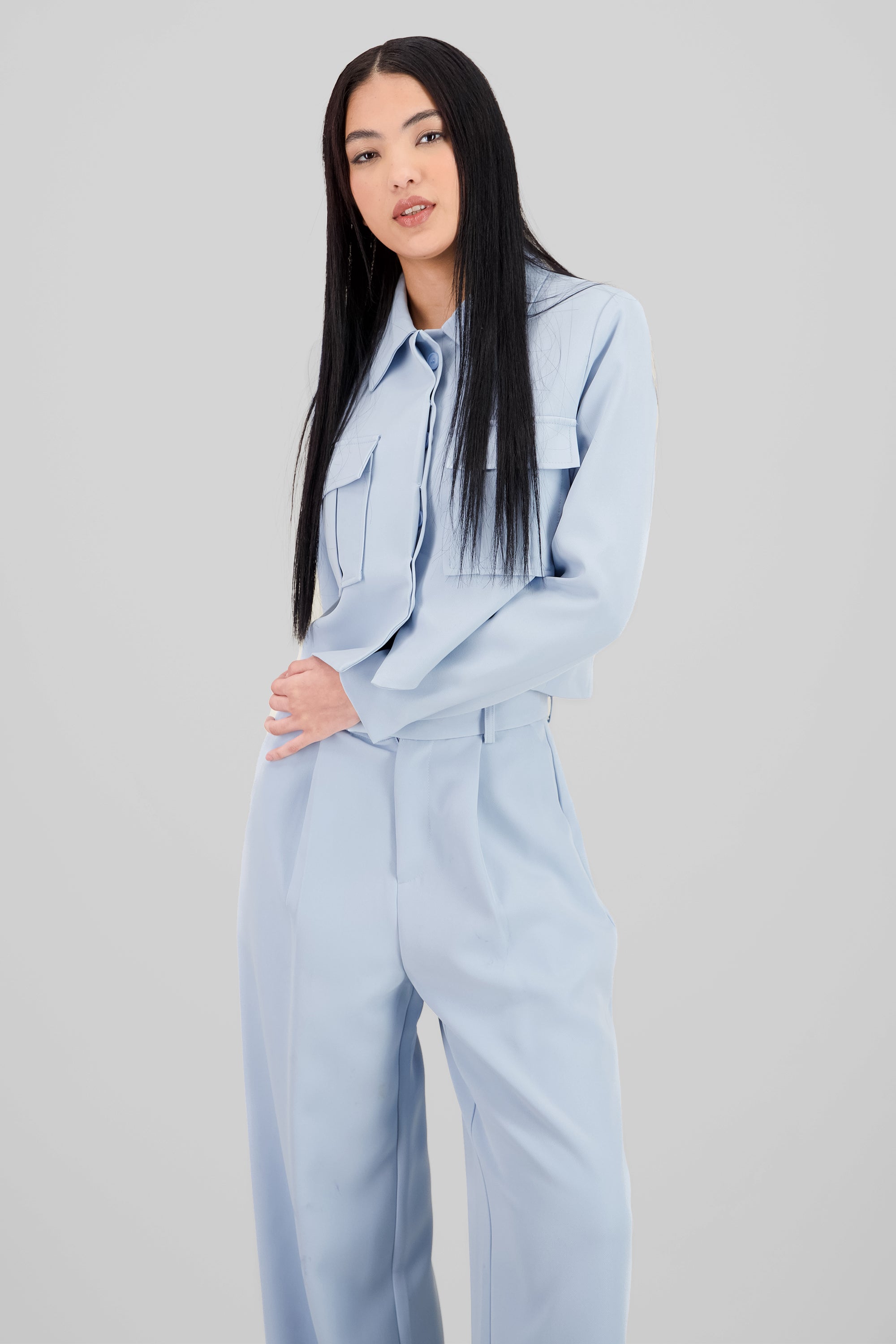 3D pockets Cropped Shirt BLUE