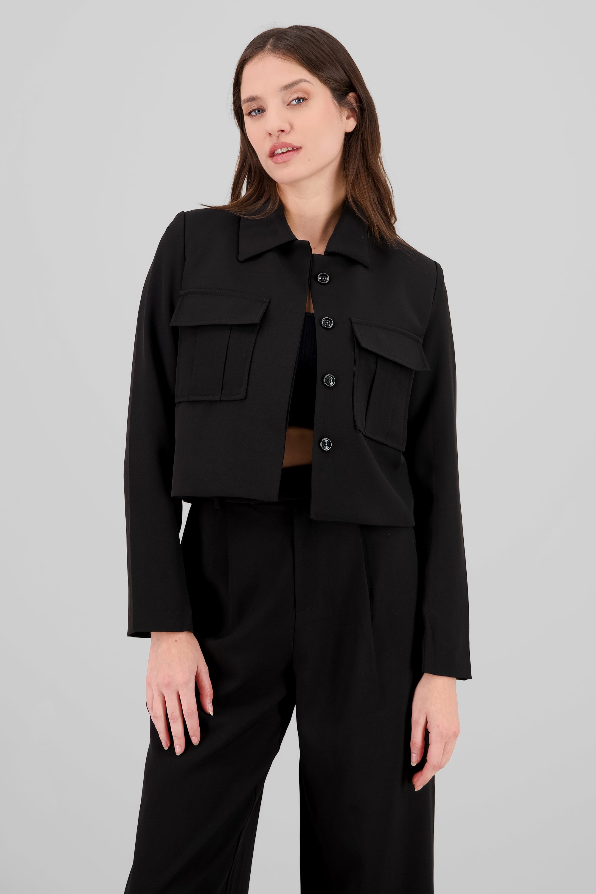 3D pockets Cropped Shirt BLACK