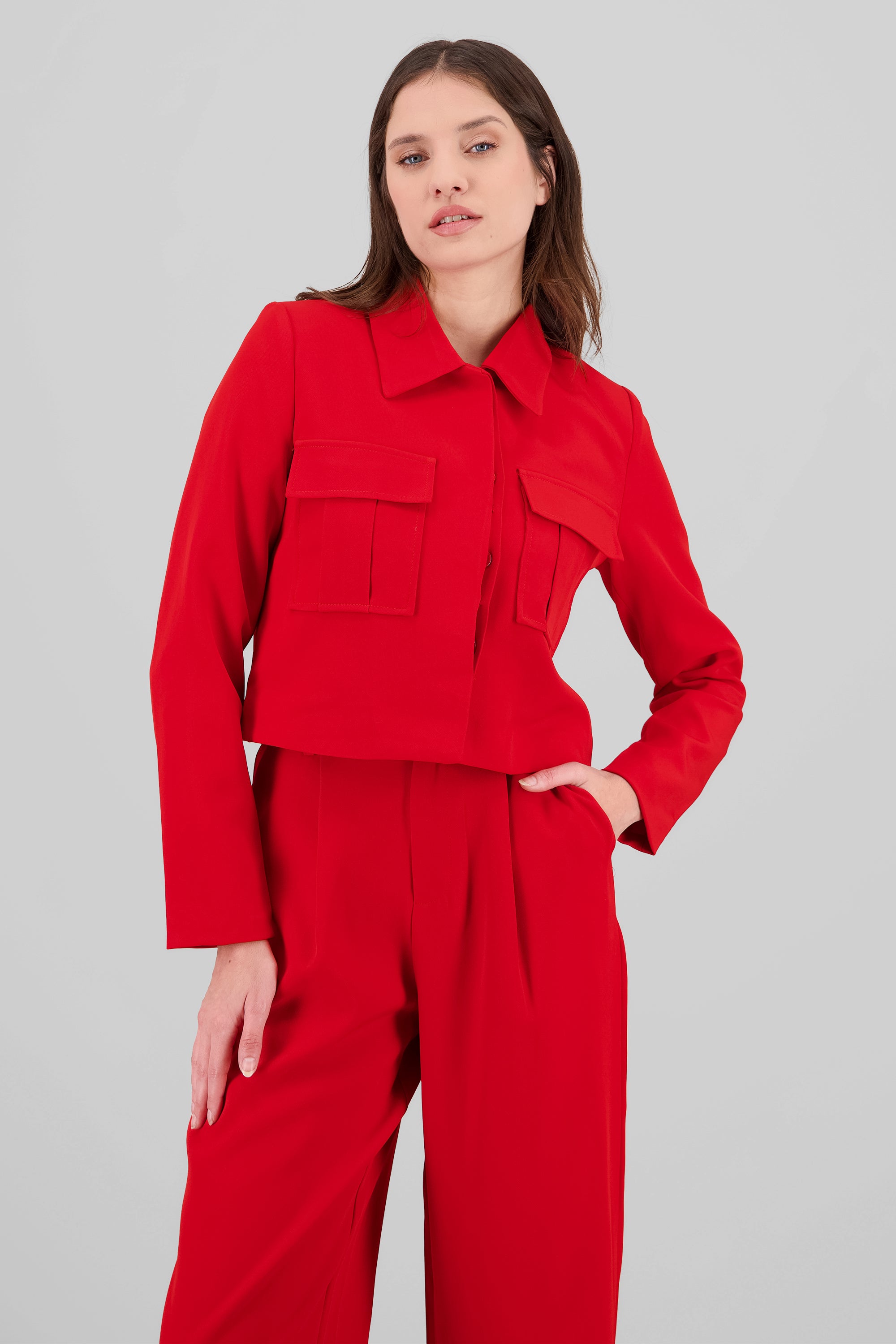 3D pockets Cropped Shirt RED