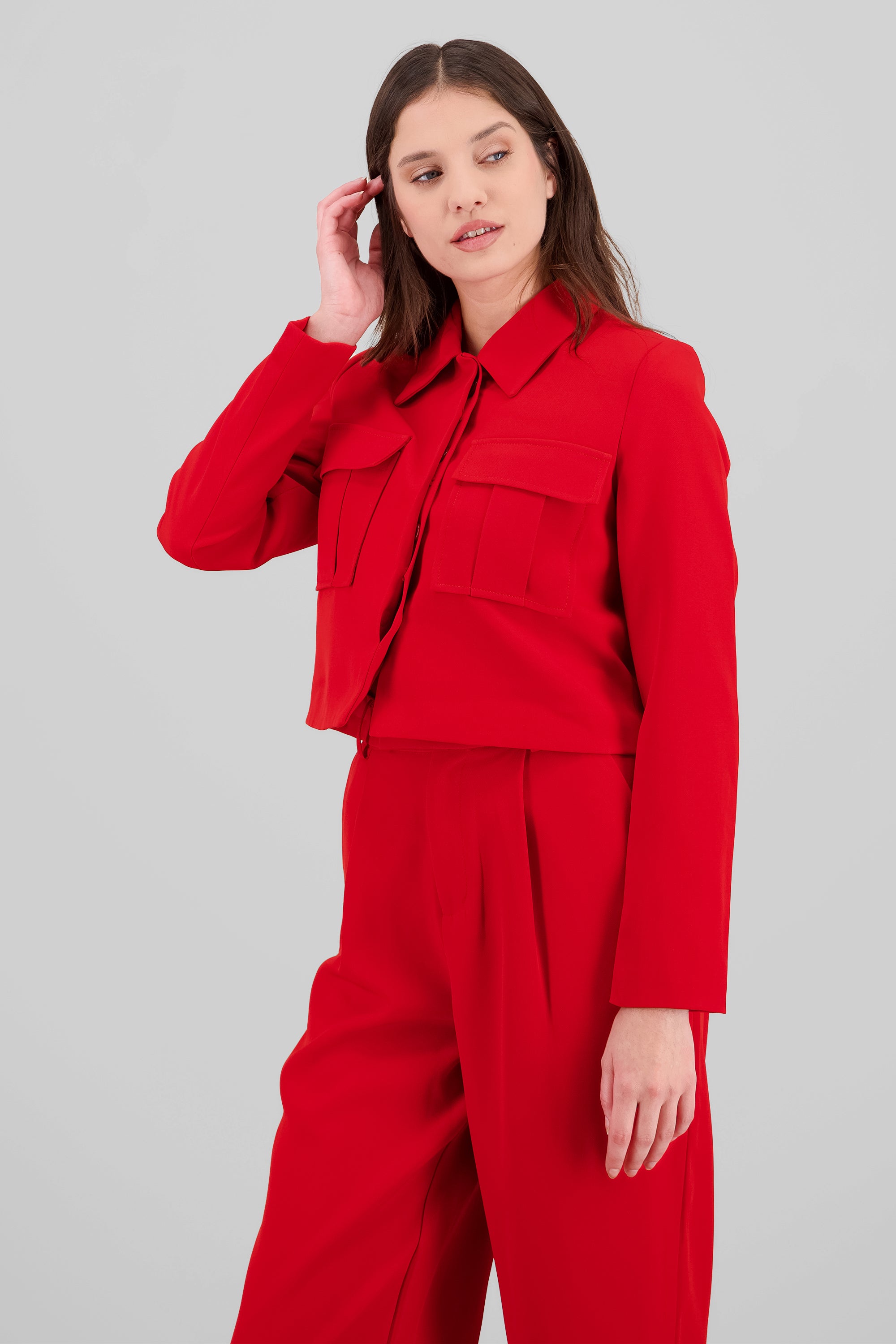 3D pockets Cropped Shirt RED