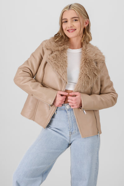 Fur Details Biker Jacket BEIGE